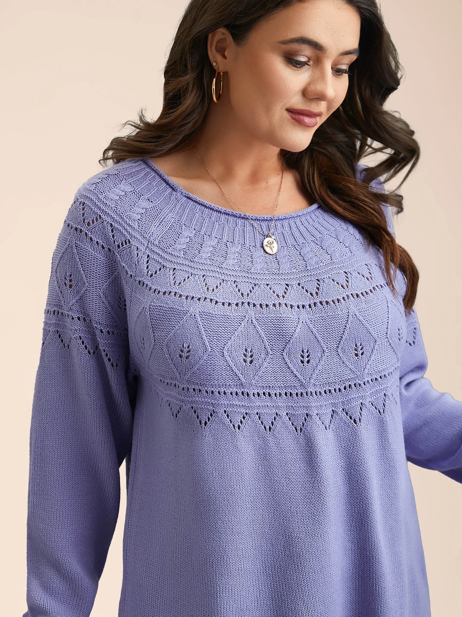 Eyelet Trim Cable Knit Round Neck Pullover sold by Bloomchic product image thumbnail 4