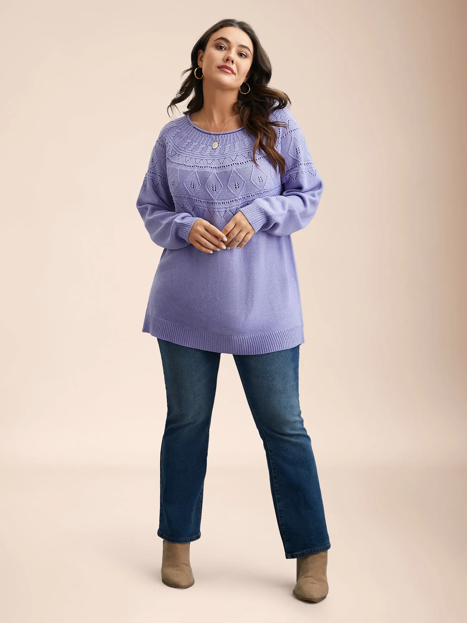 Eyelet Trim Cable Knit Round Neck Pullover sold by Bloomchic product image thumbnail 3