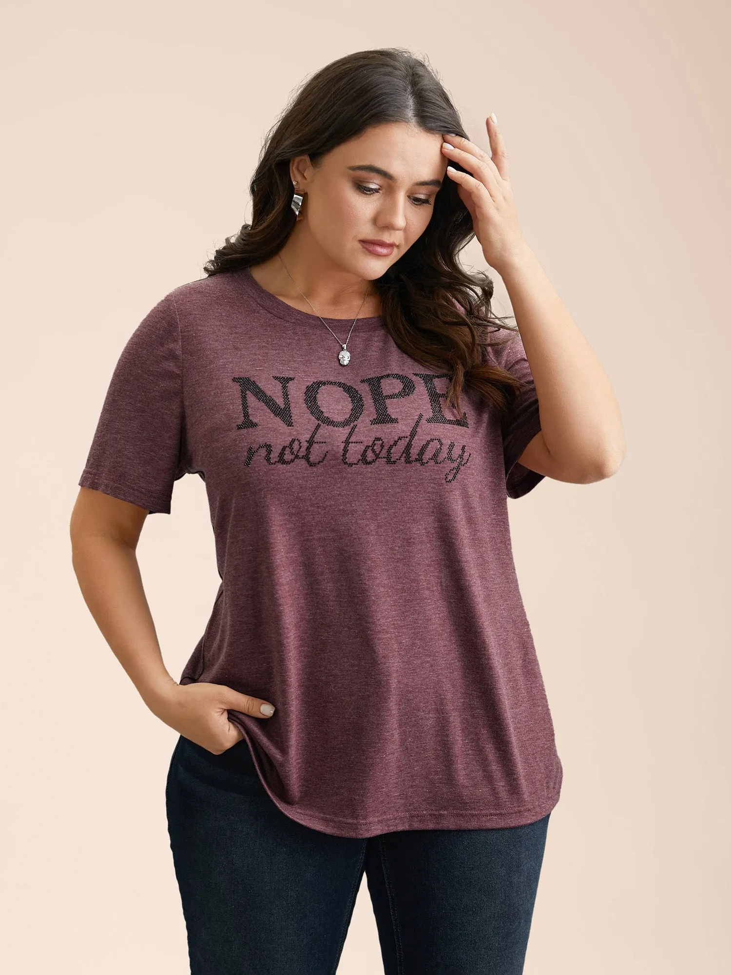 Nope Not Today Print Rhinestone Round Neck T-Shirt sold by Bloomchic product image thumbnail 4