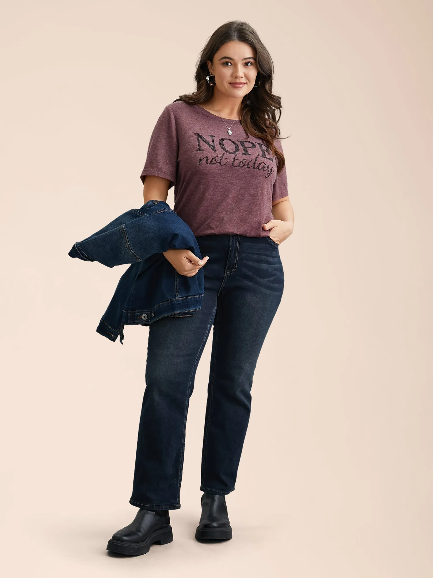 Nope Not Today Print Rhinestone Round Neck T-Shirt sold by Bloomchic product image thumbnail 3