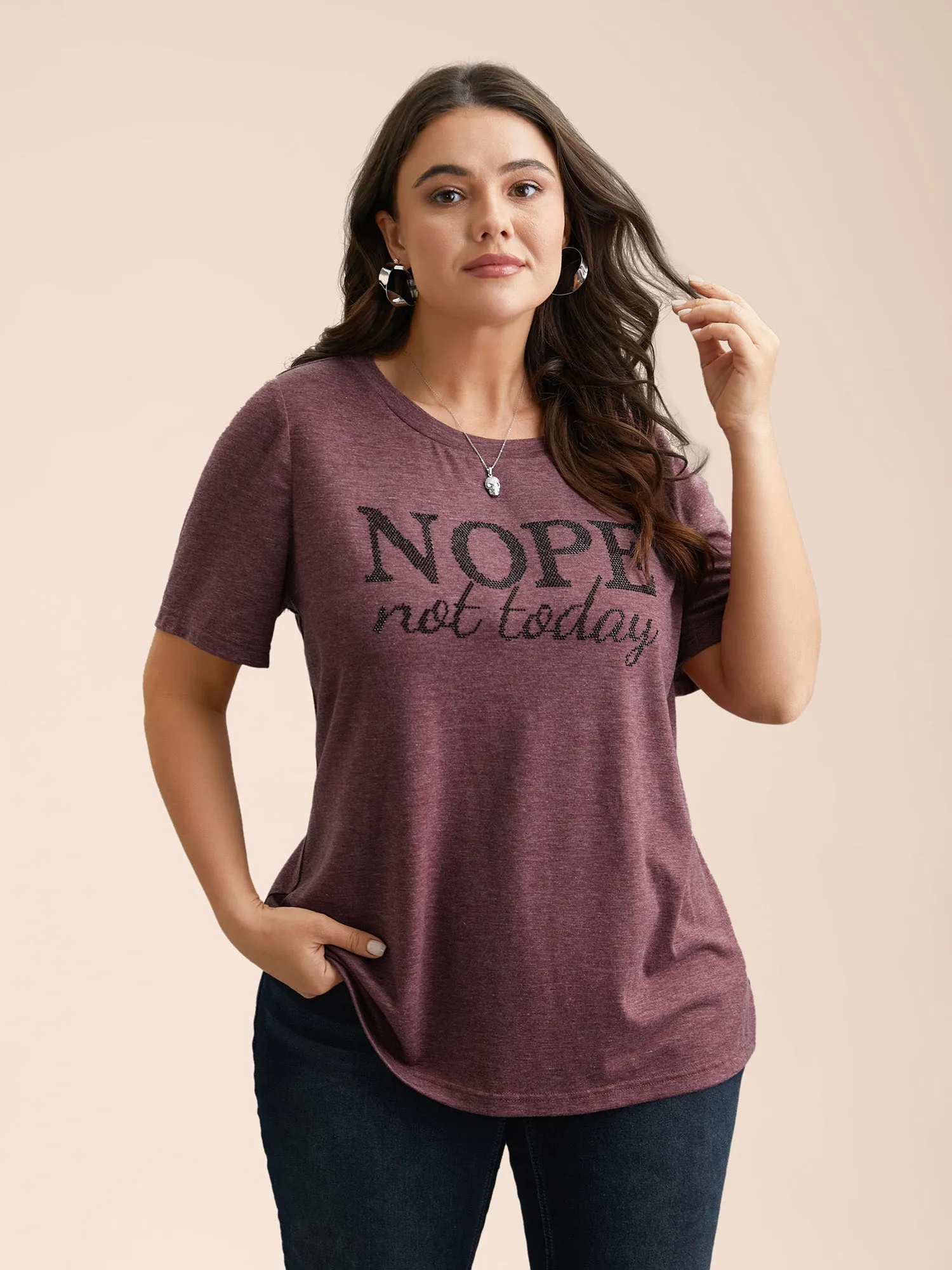 Nope Not Today Print Rhinestone Round Neck T-Shirt sold by Bloomchic product image thumbnail 2