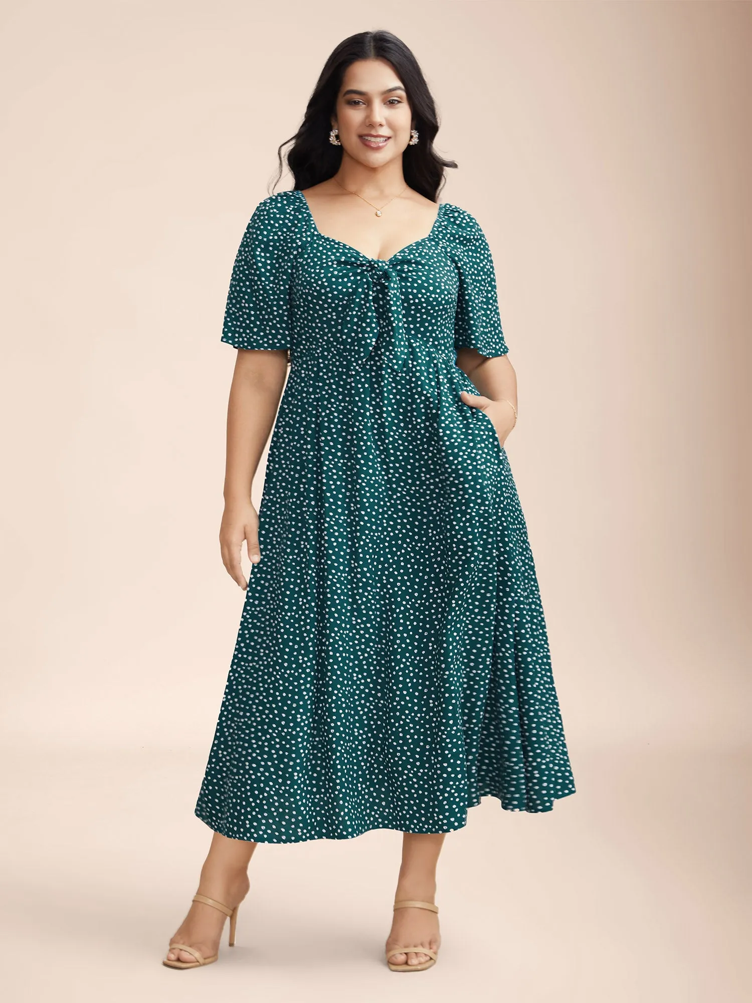 Rayon Polka Dot Neck-Tie Midi Dress sold by Bloomchic product image thumbnail 2