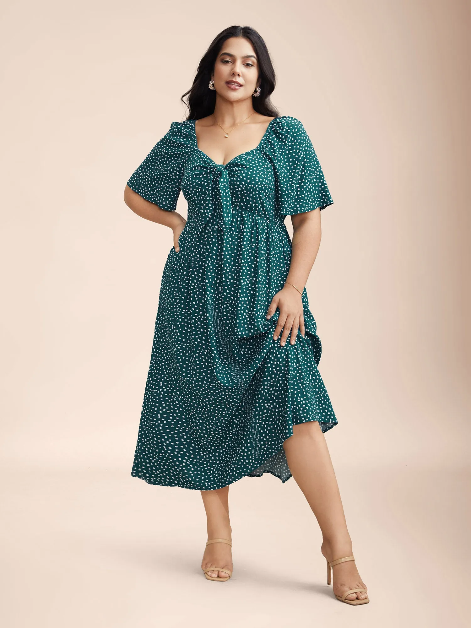 Rayon Polka Dot Neck-Tie Midi Dress sold by Bloomchic