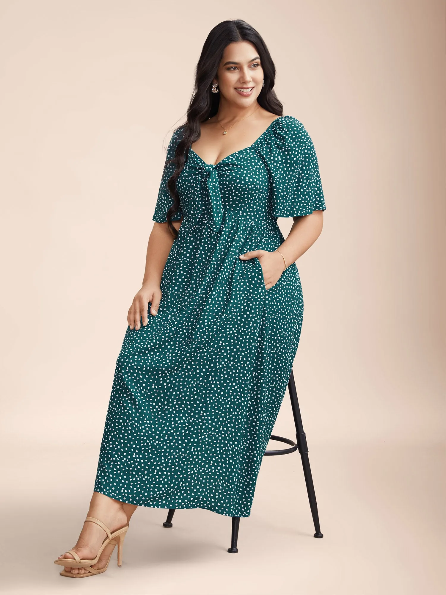 Rayon Polka Dot Neck-Tie Midi Dress sold by Bloomchic product image thumbnail 3