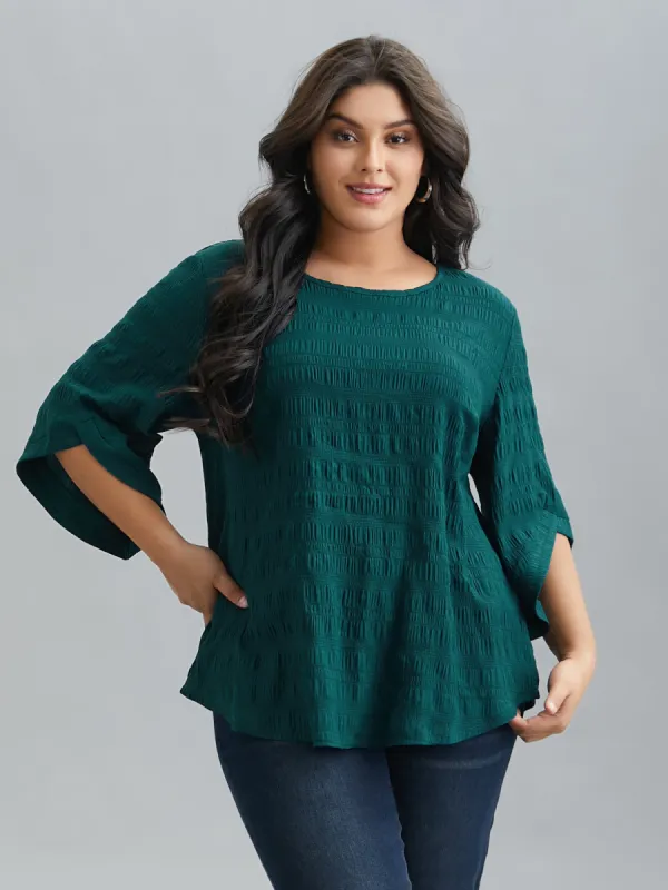 Solid Textured Curved Hem Gathered Blouse sold by Bloomchic