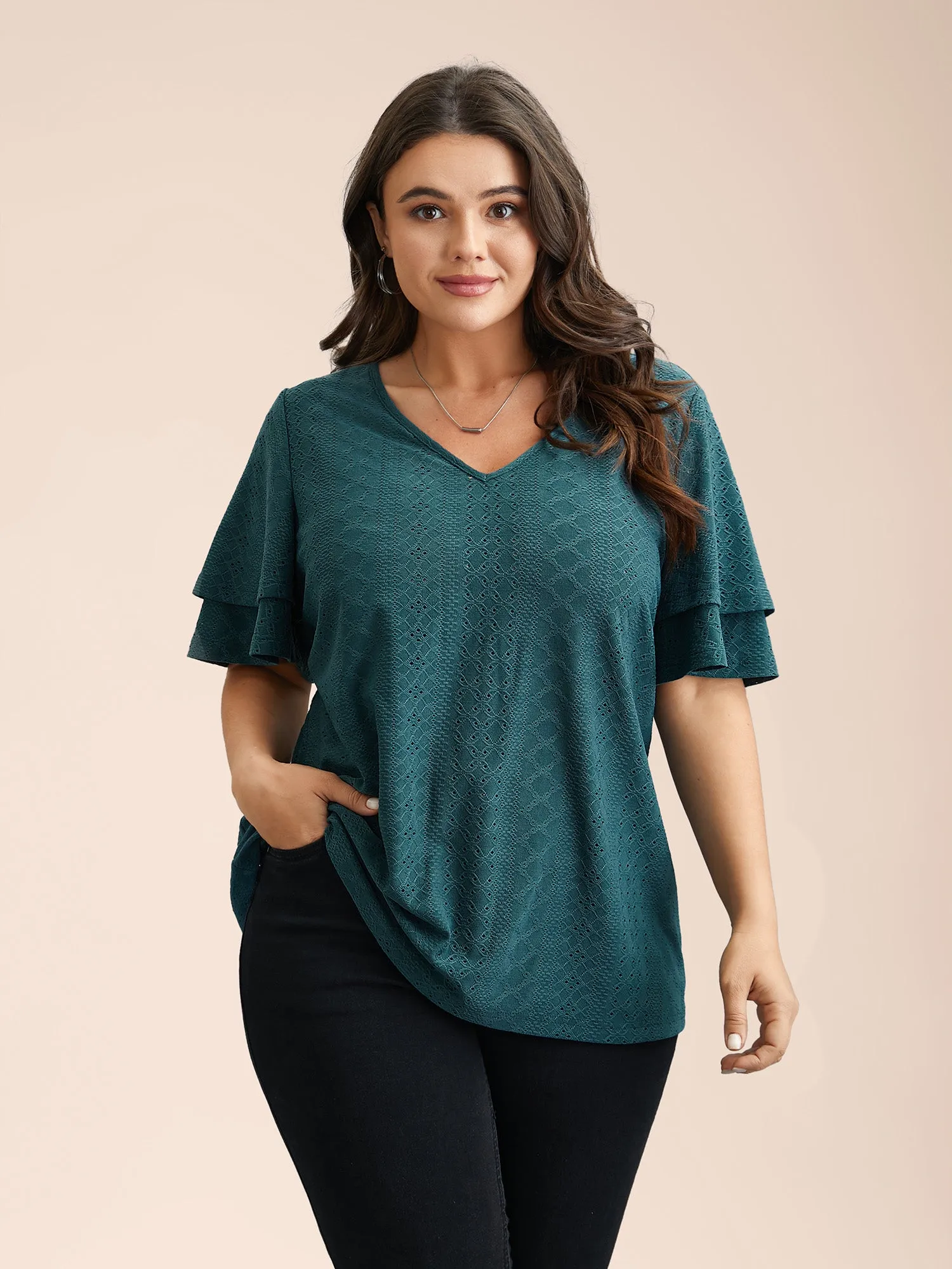 Jacquard Textured Lotus Leaf Sleeve Top sold by Bloomchic