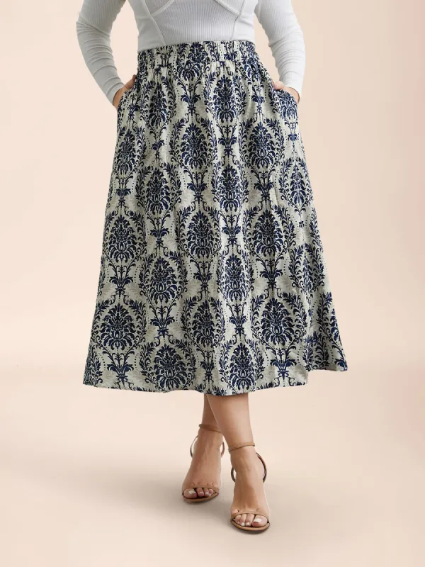 Ornate Print Stretchy-Waist Midi Skirt sold by Bloomchic