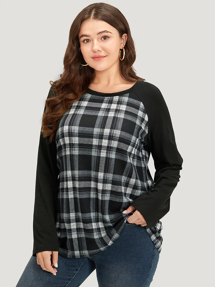 Plaid Raglan Sleeve Crew Neck T-shirt sold by Bloomchic