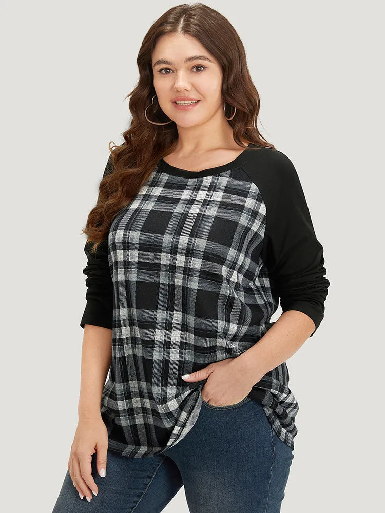Plaid Raglan Sleeve Crew Neck T-shirt sold by Bloomchic product image thumbnail 5