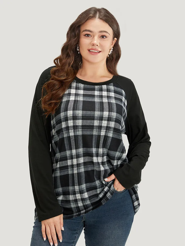 Plaid Raglan Sleeve Crew Neck T-shirt sold by Bloomchic product image thumbnail 3