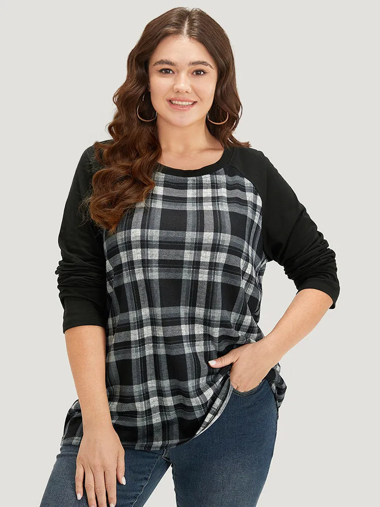 Plaid Raglan Sleeve Crew Neck T-shirt sold by Bloomchic product image thumbnail 2