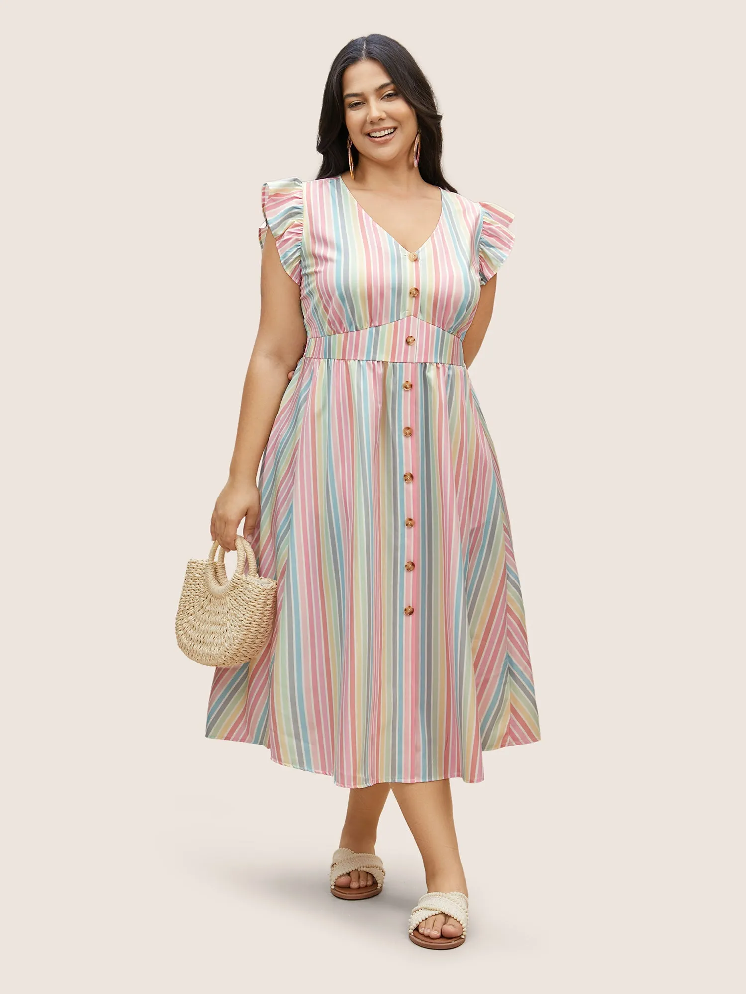Colored Striped Button Detail Ruffles Dress sold by Bloomchic