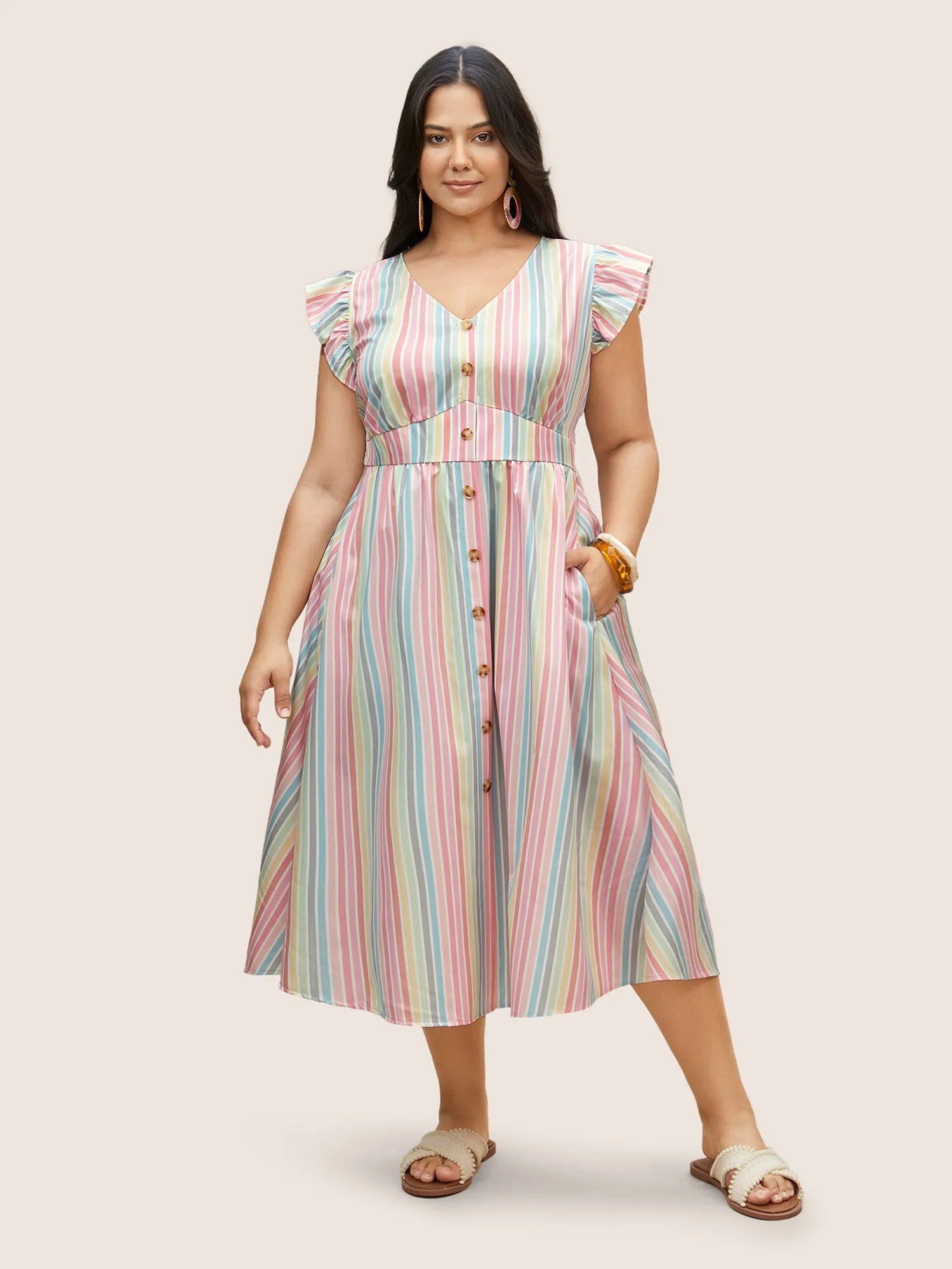 Colored Striped Button Detail Ruffles Dress sold by Bloomchic product image thumbnail 2