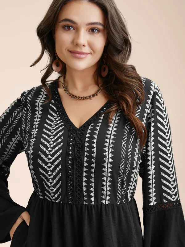 Printed Color-Block Bell Sleeve Midi Dress sold by Bloomchic