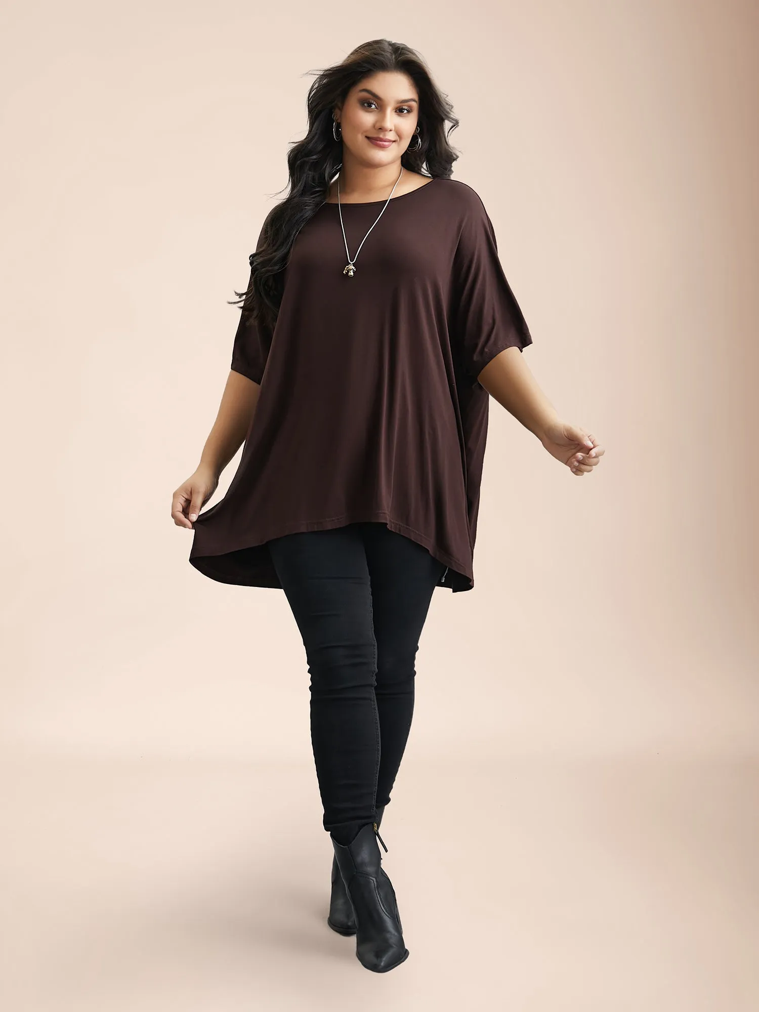 Oversize Stretchy Hi-Low Hem Plain Knit Top sold by Bloomchic product image thumbnail 4