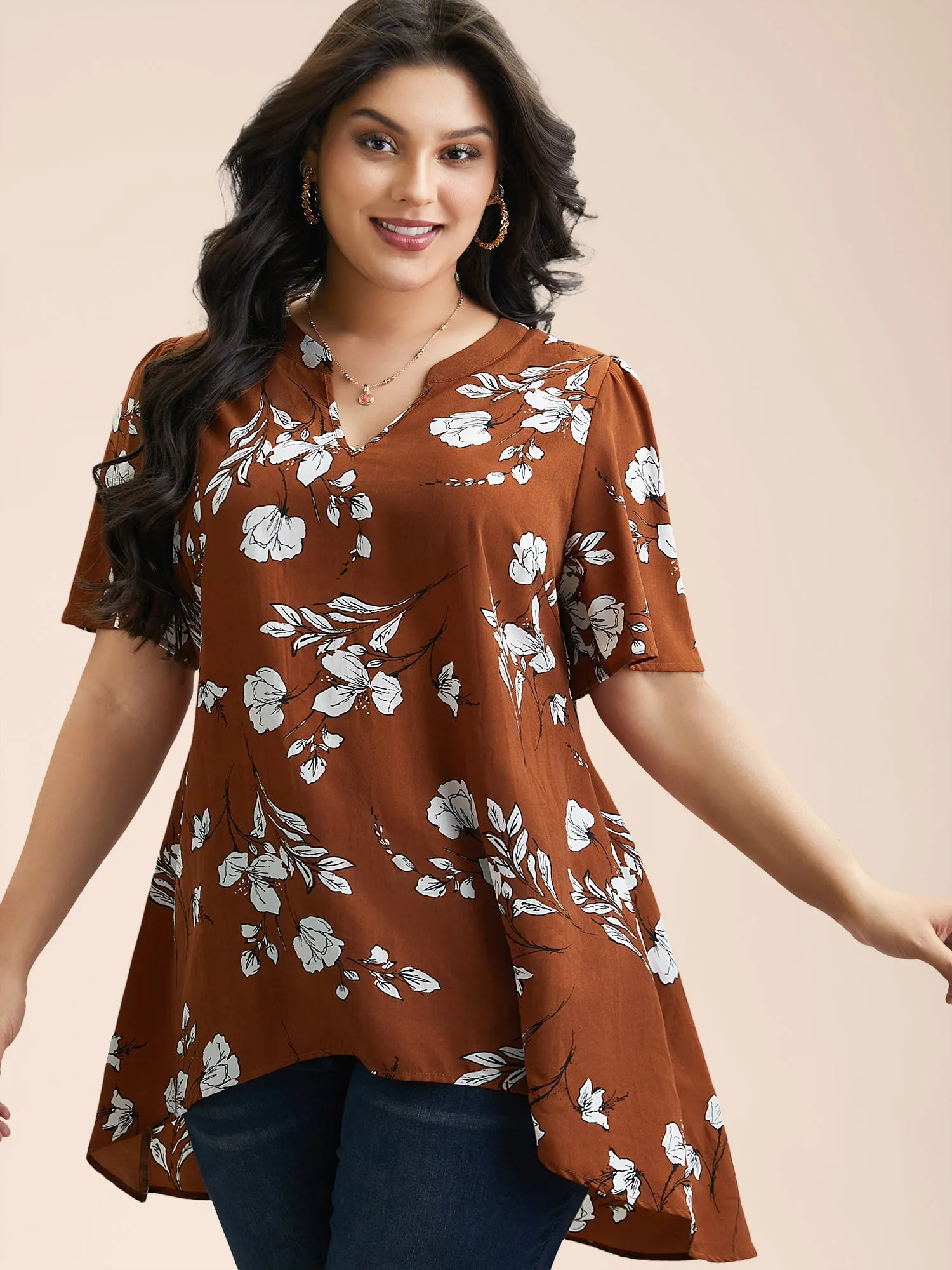 Floral Print Notched Collar Hi-Low Hem Blouse sold by Bloomchic product image thumbnail 3
