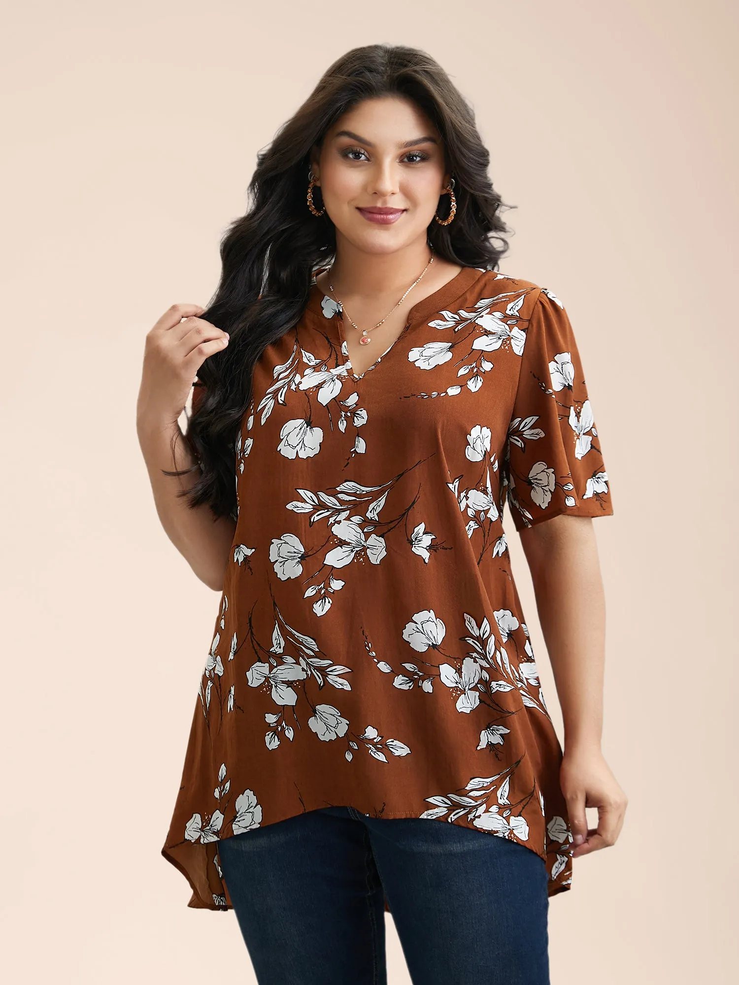 Floral Print Notched Collar Hi-Low Hem Blouse sold by Bloomchic