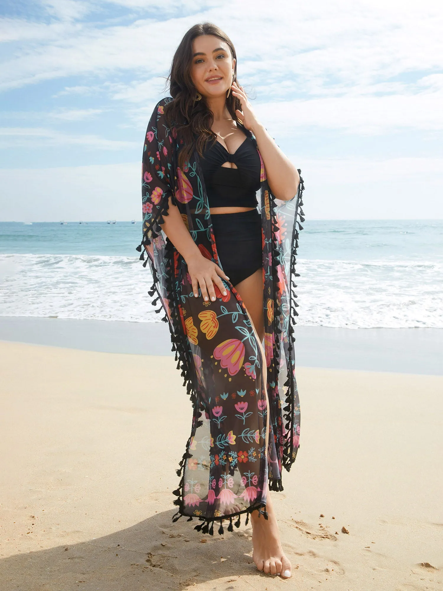 Boho Print Split Open-Front Tassels Kimono sold by Bloomchic product image thumbnail 2