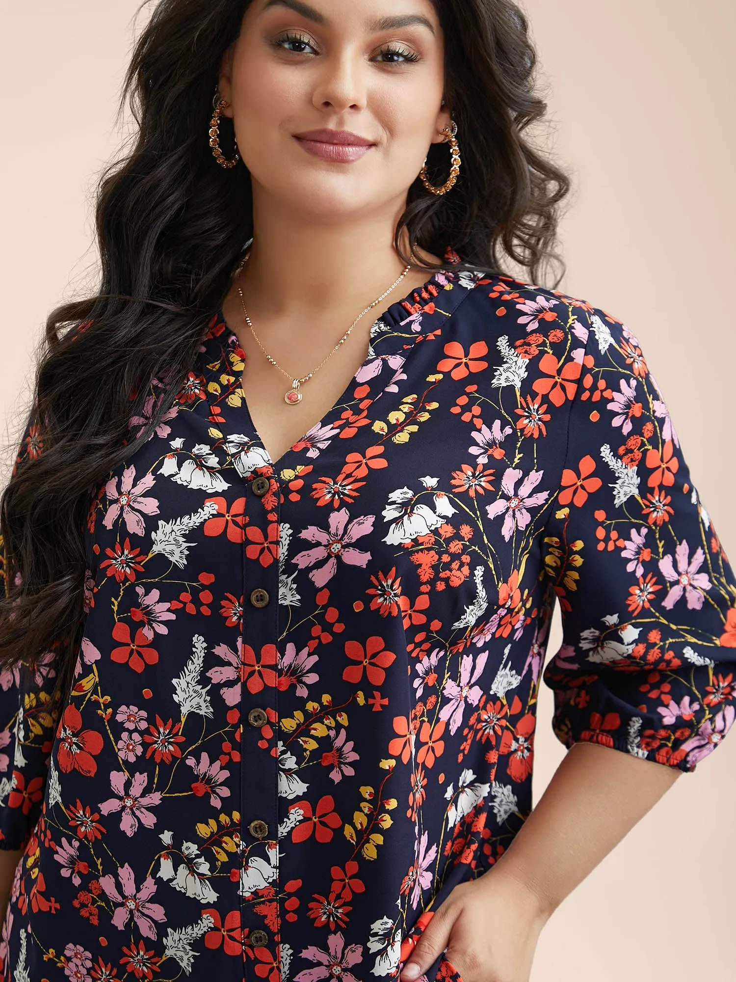 Floral Print Ruffled Button Placket Shirt sold by Bloomchic product image thumbnail 3