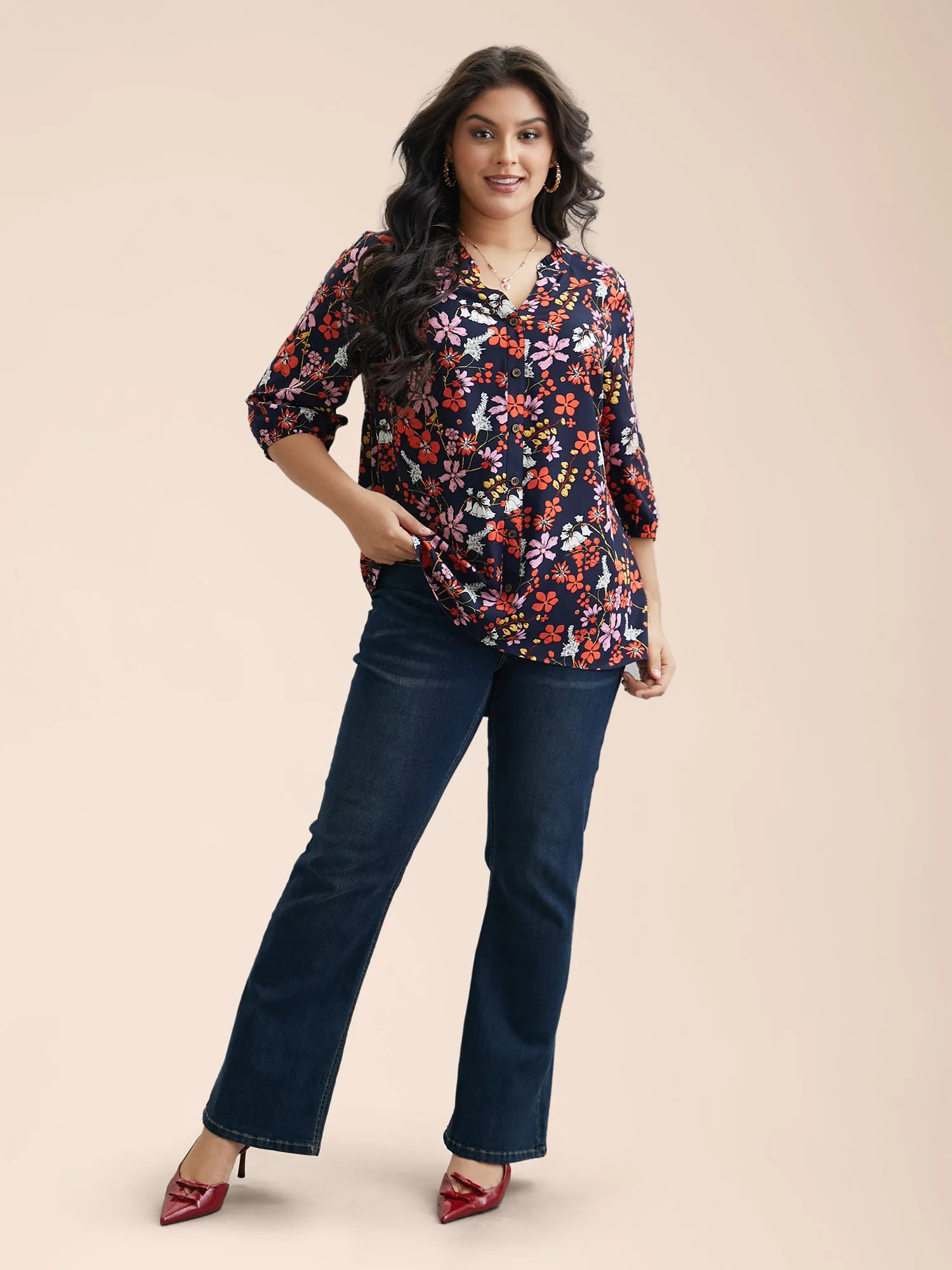 Floral Print Ruffled Button Placket Shirt sold by Bloomchic product image thumbnail 2