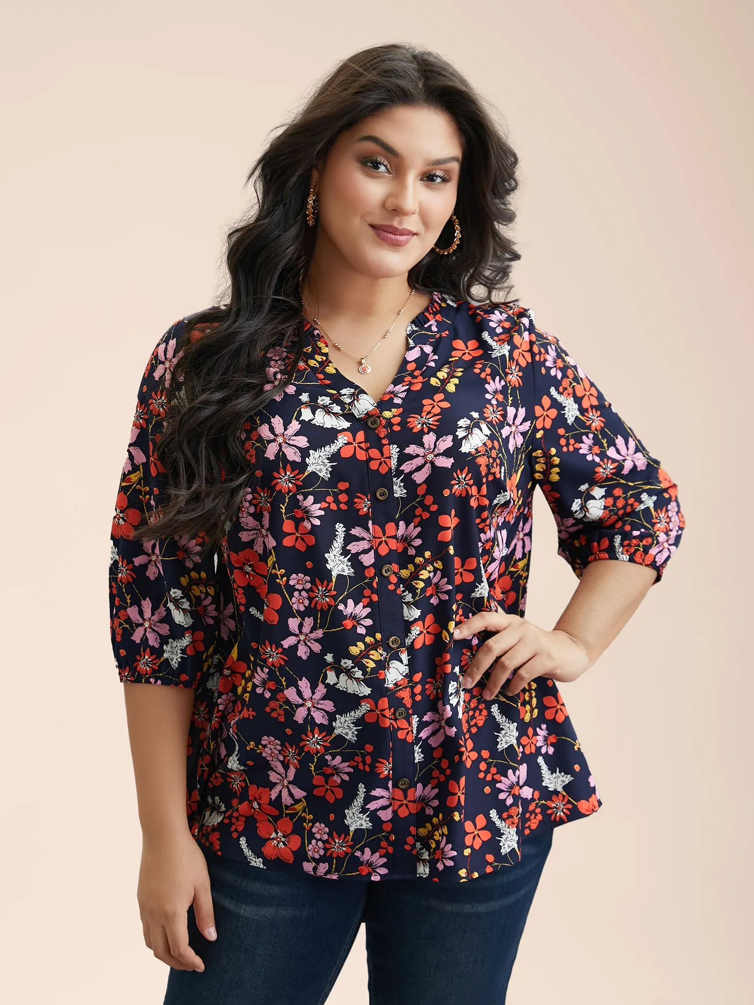 Floral Print Ruffled Button Placket Shirt sold by Bloomchic