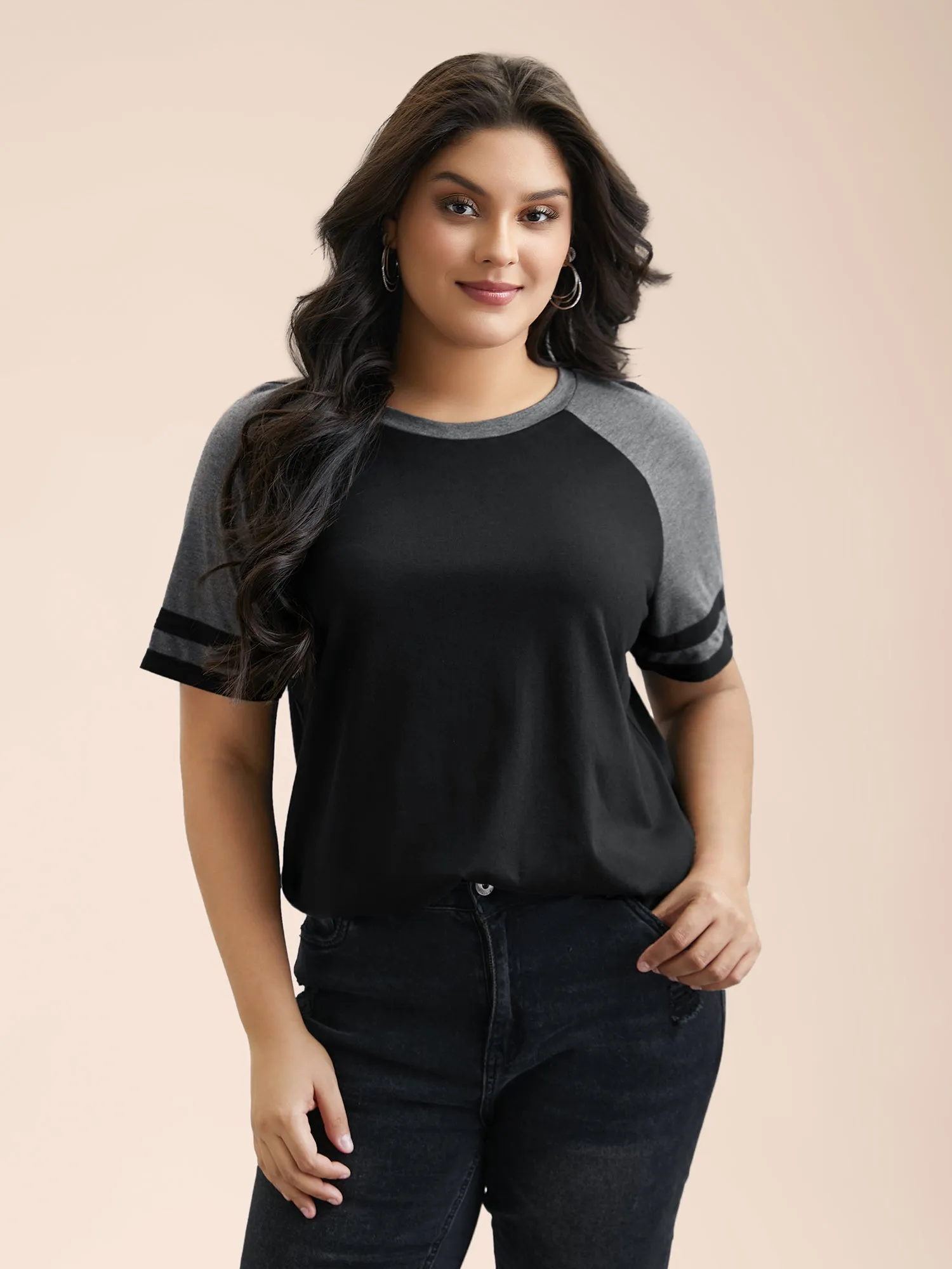 Color Block Stretchy Raglan Sleeve T-Shirt sold by Bloomchic product image thumbnail 2