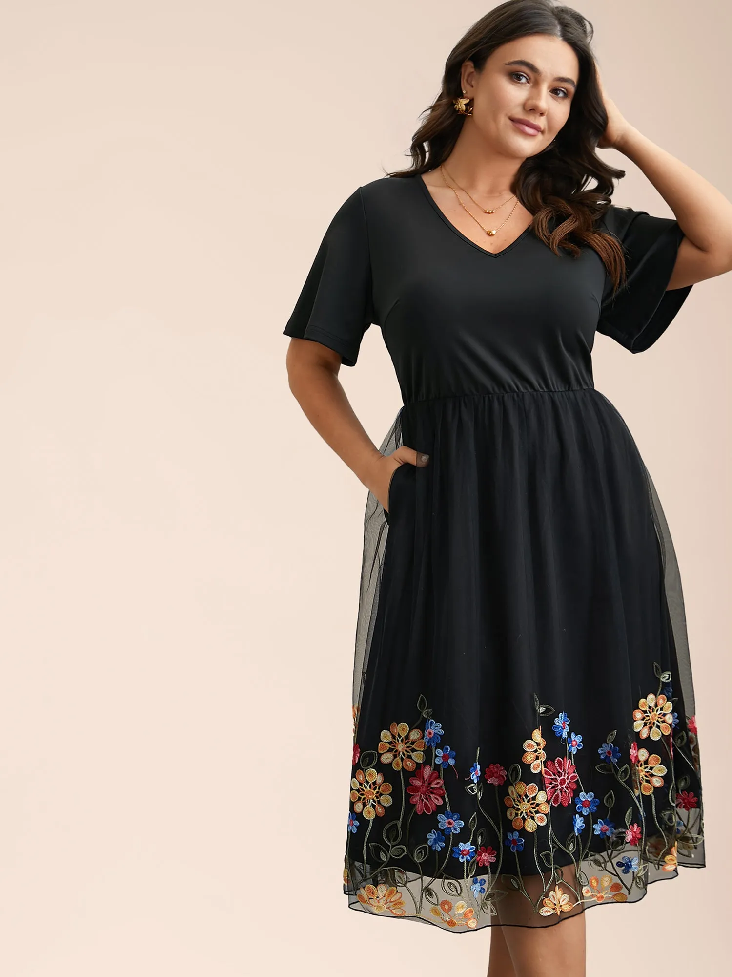 Floral Embroidered Hem Stretchy-Waist Pockets Midi Dress sold by Bloomchic
