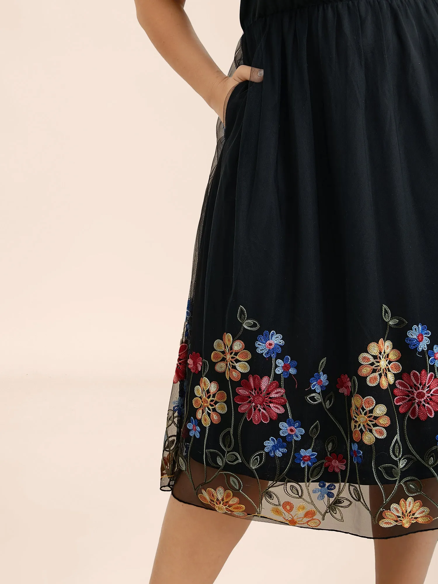 Floral Embroidered Hem Stretchy-Waist Pockets Midi Dress sold by Bloomchic product image thumbnail 3