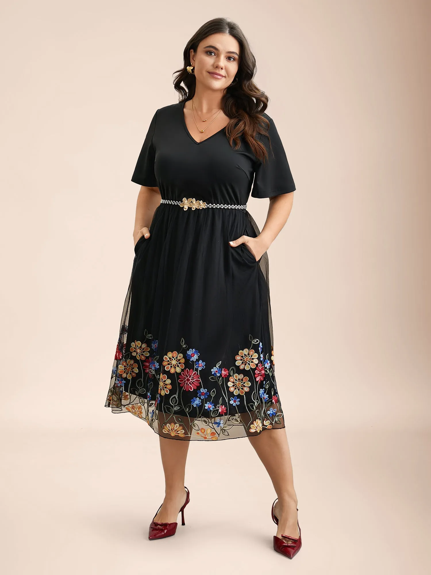 Floral Embroidered Hem Stretchy-Waist Pockets Midi Dress sold by Bloomchic product image thumbnail 2