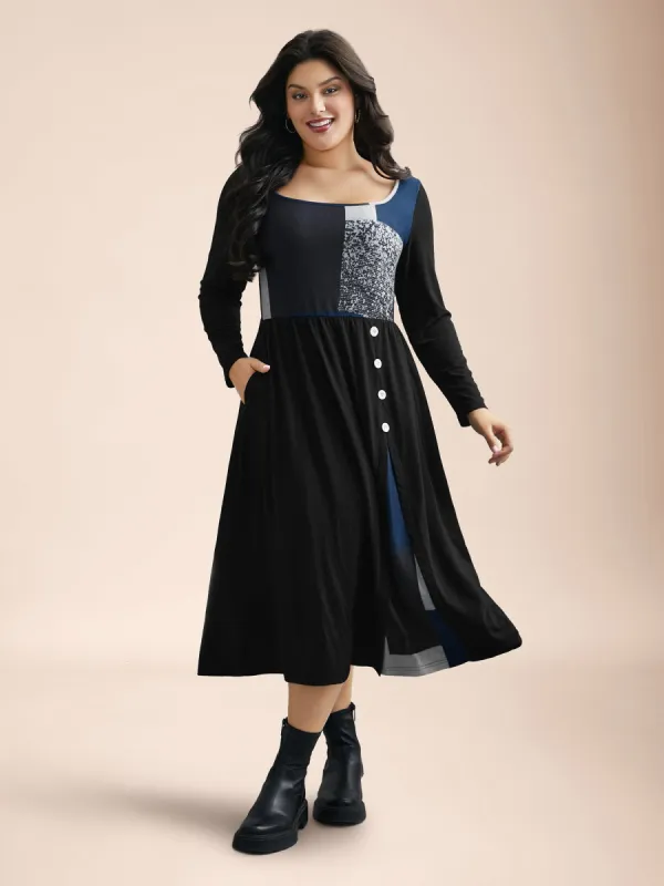 Geometric Color-Block Stretchy Waist Midi Dress sold by Bloomchic