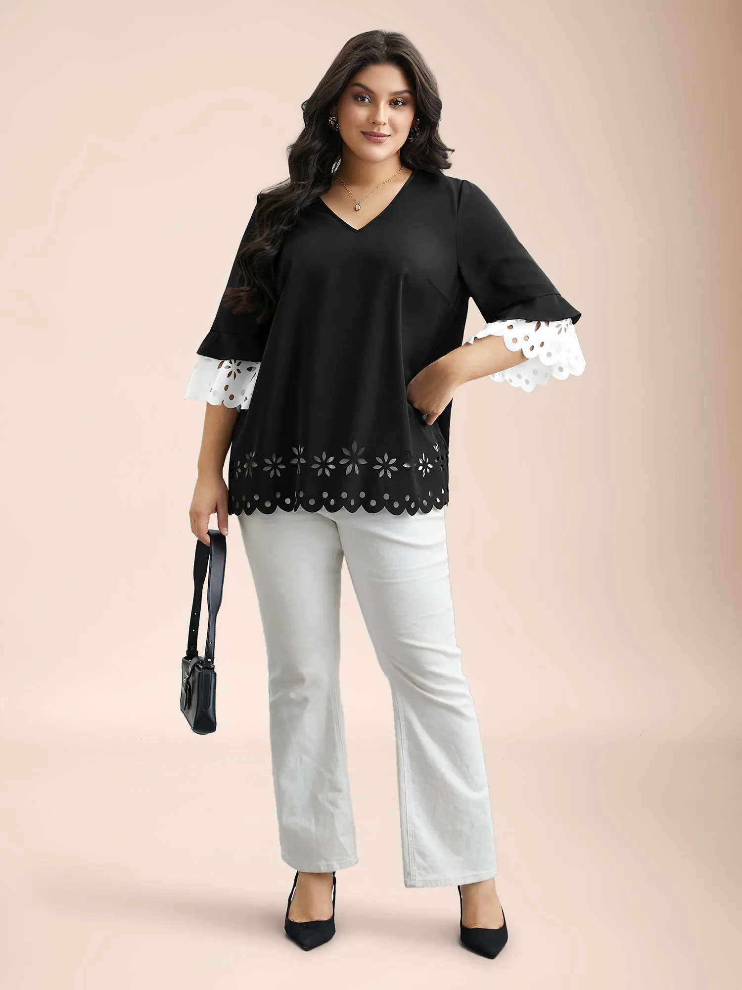 Laser Cut Color Contrast V-Neck Blouse sold by Bloomchic product image thumbnail 2