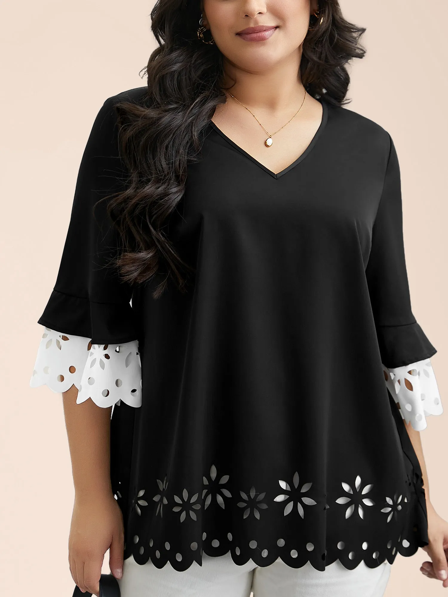 Laser Cut Color Contrast V-Neck Blouse sold by Bloomchic product image thumbnail 4