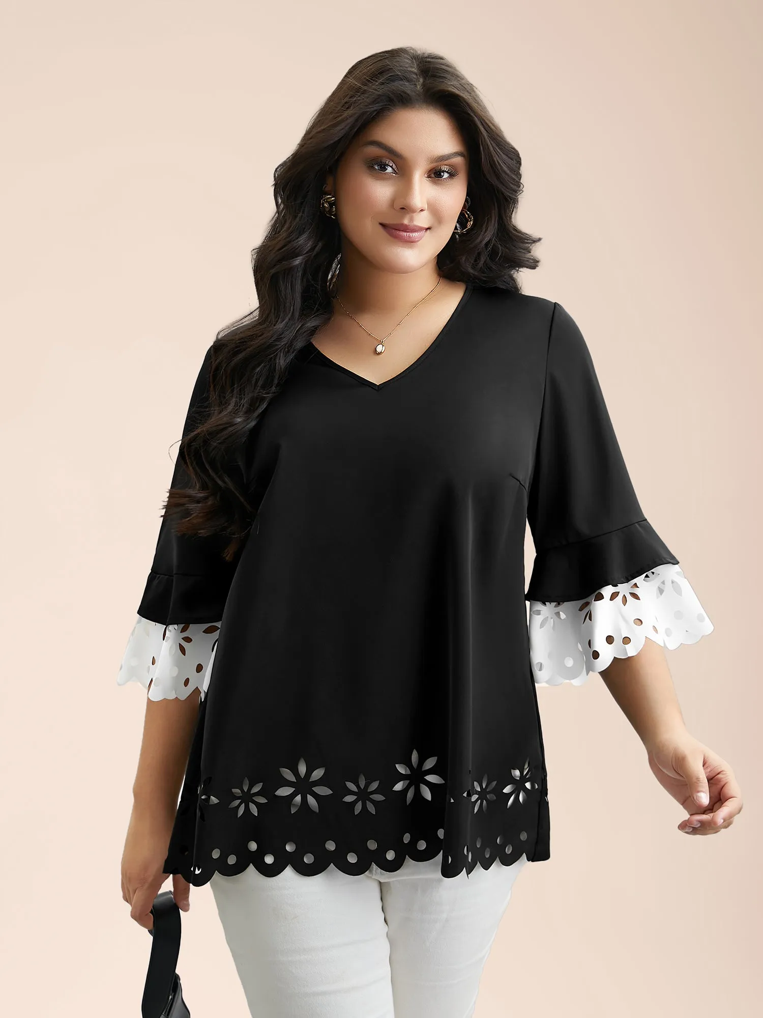 Laser Cut Color Contrast V-Neck Blouse sold by Bloomchic product image thumbnail 3