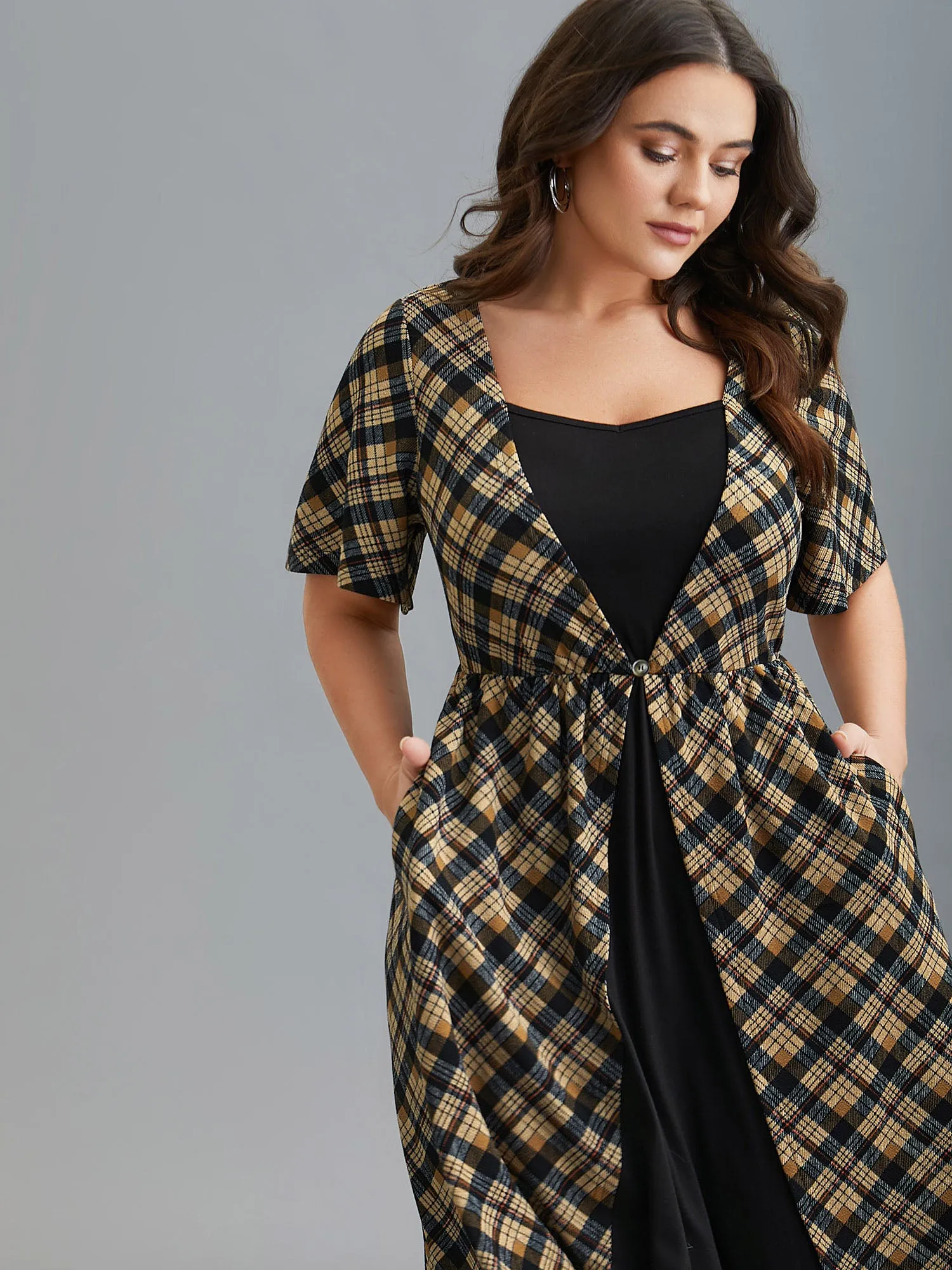 Plaid Color-Block Ruched Open Midi Dress sold by Bloomchic
