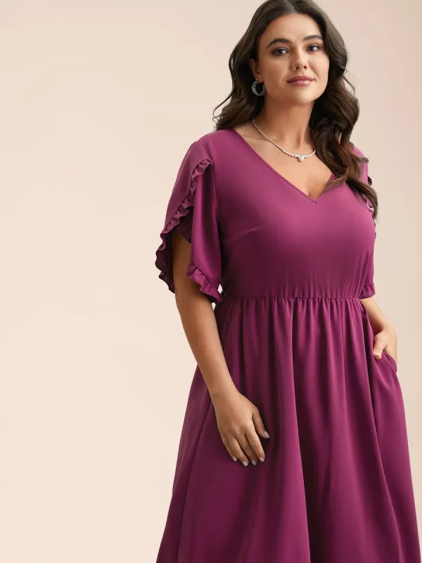 Petal Sleeve Ruffled Waist-Cinched Midi Dress sold by Bloomchic