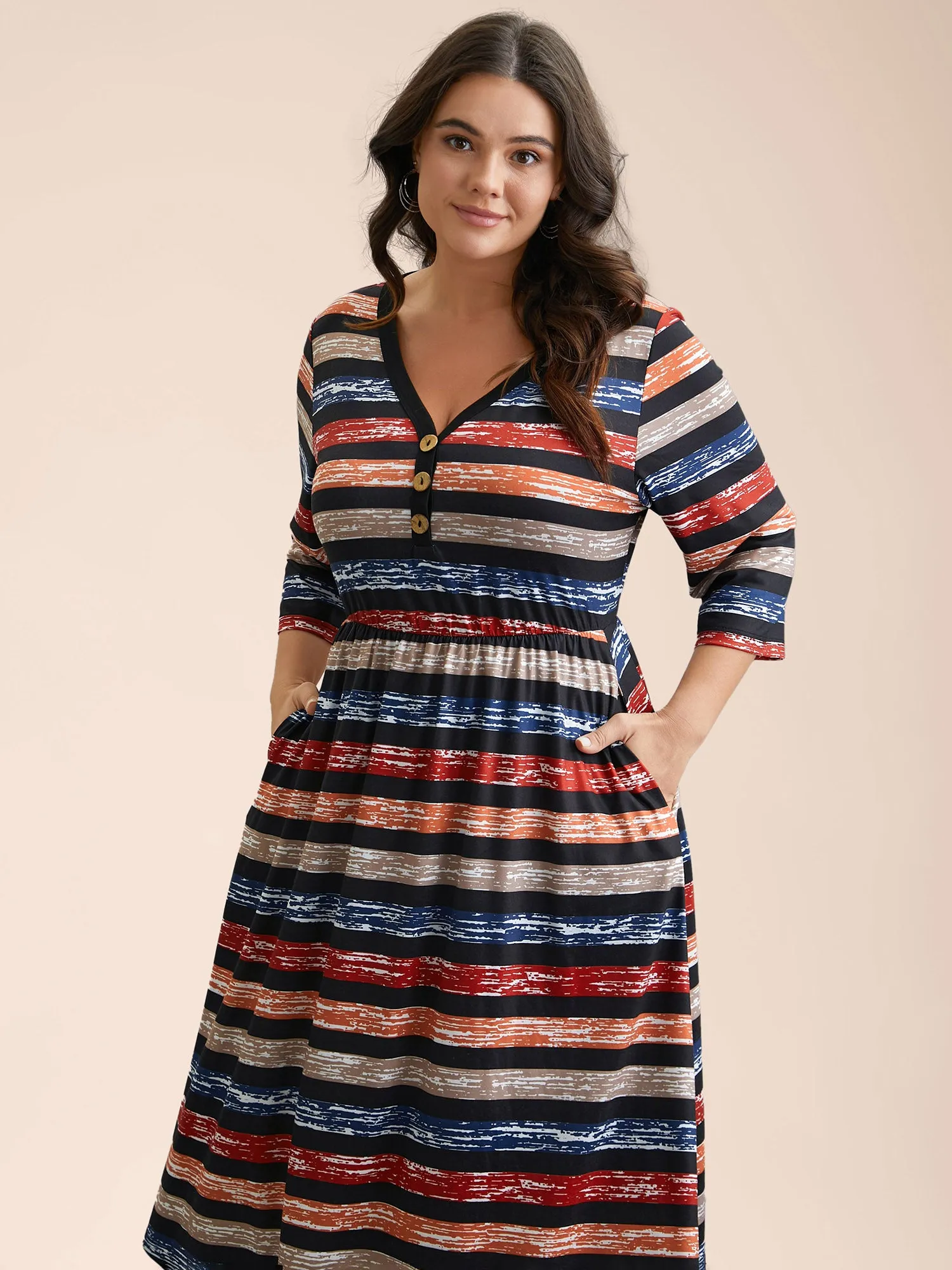 Multi-Color Striped Half-Placket Midi Dress sold by Bloomchic product image thumbnail 4
