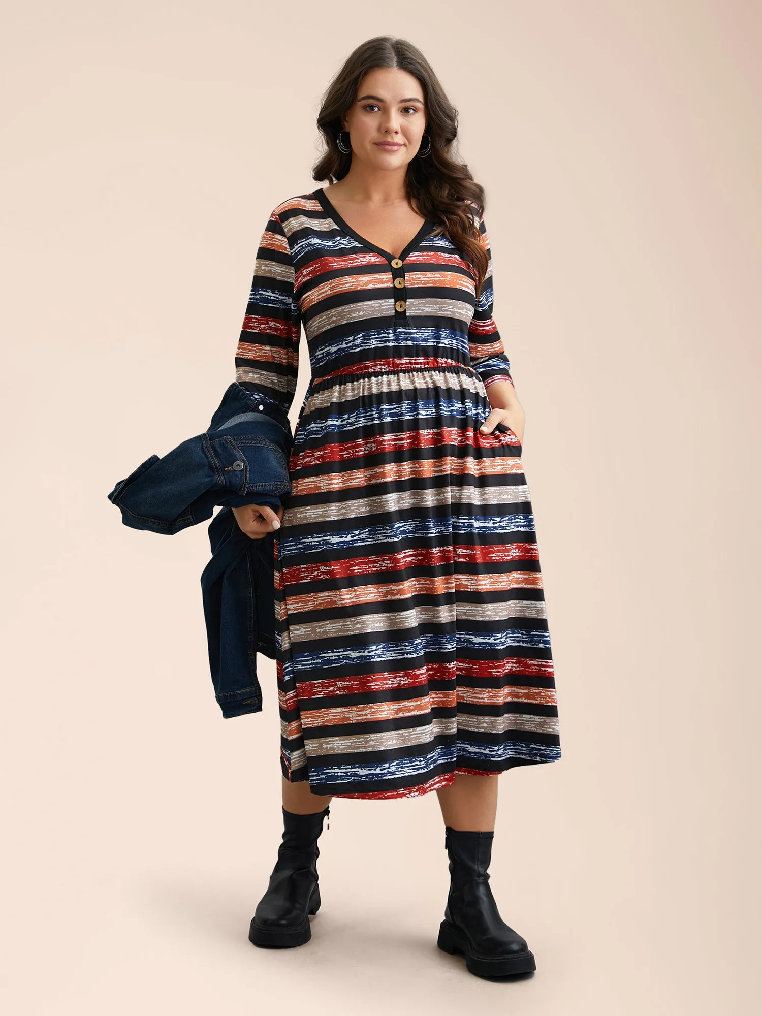 Multi-Color Striped Half-Placket Midi Dress sold by Bloomchic product image thumbnail 2