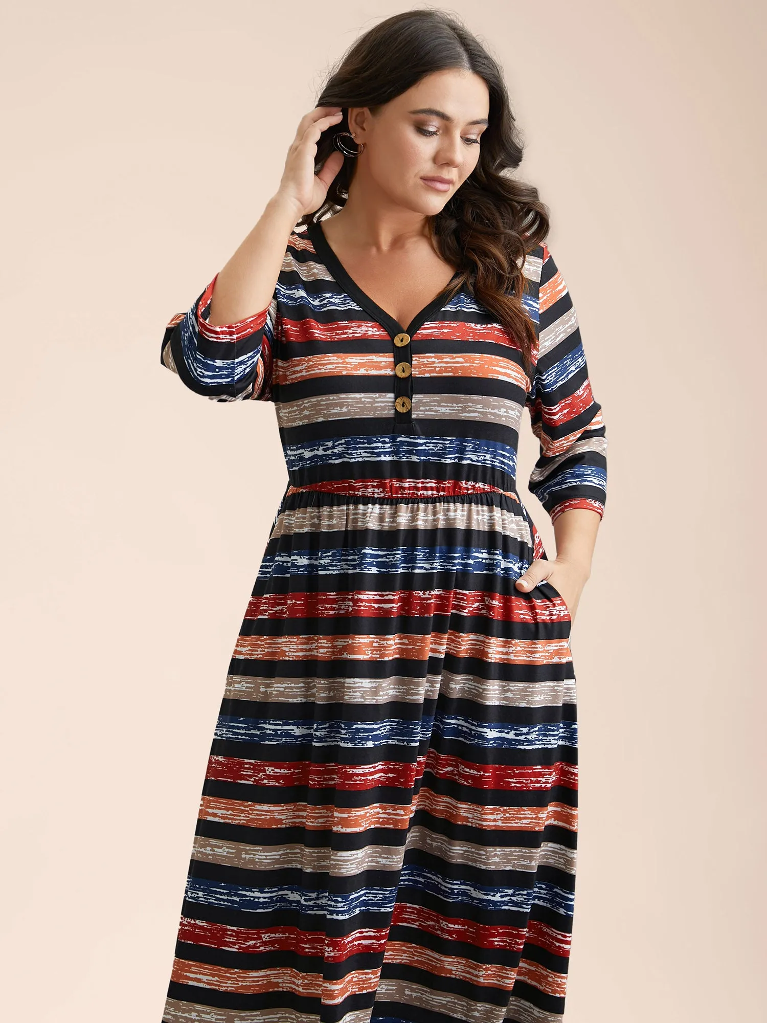 Multi-Color Striped Half-Placket Midi Dress sold by Bloomchic