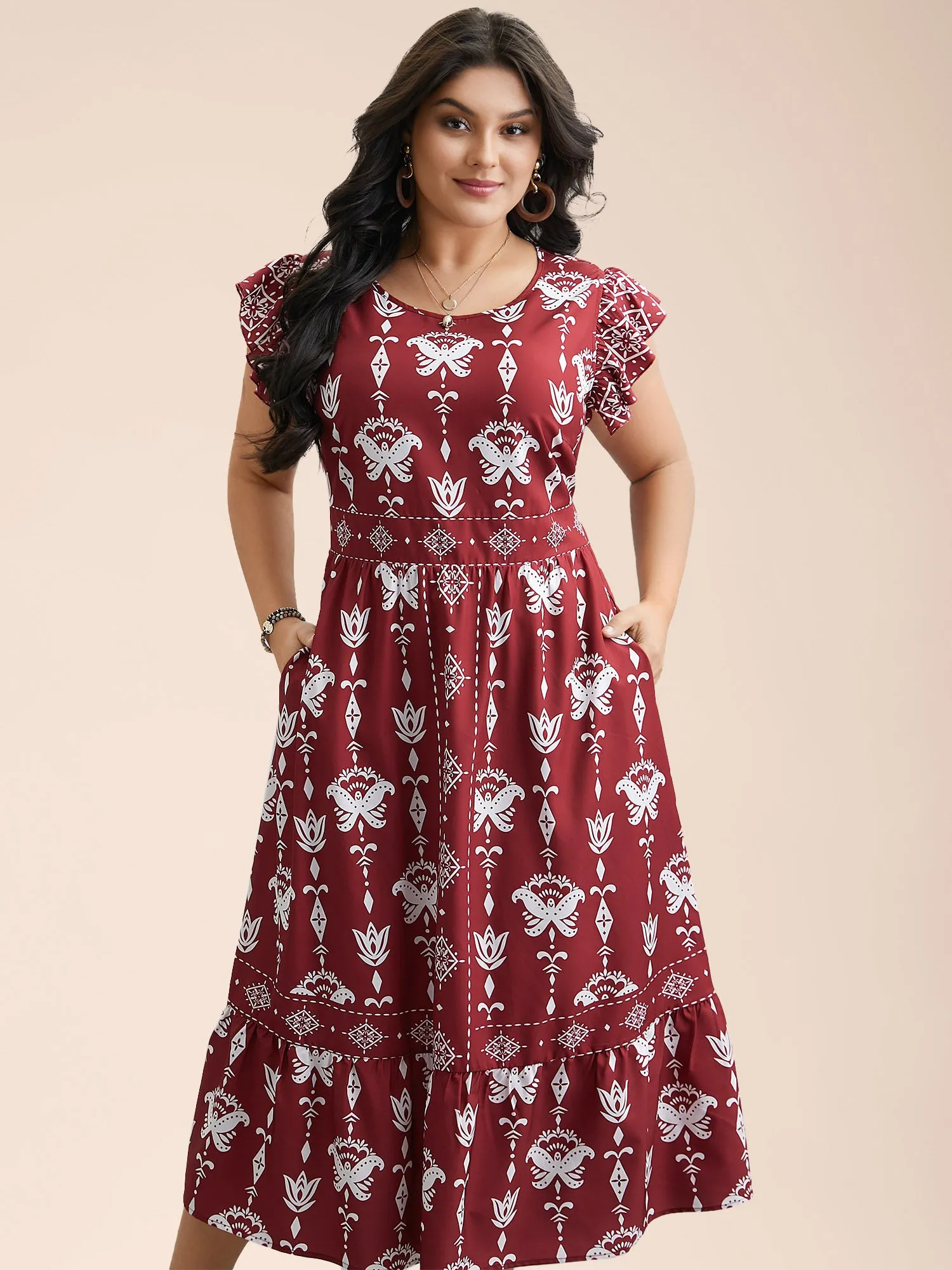 Boho Print Stretchy-Waist Ruffled Midi Dress sold by Bloomchic product image thumbnail 4