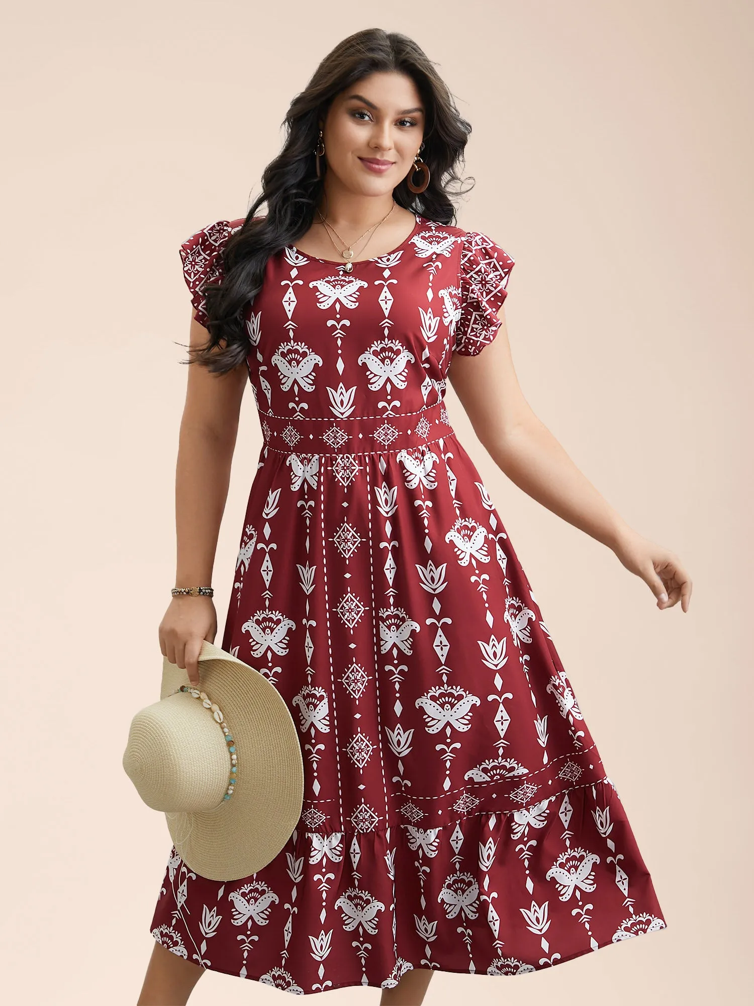 Boho Print Stretchy-Waist Ruffled Midi Dress sold by Bloomchic product image thumbnail 3