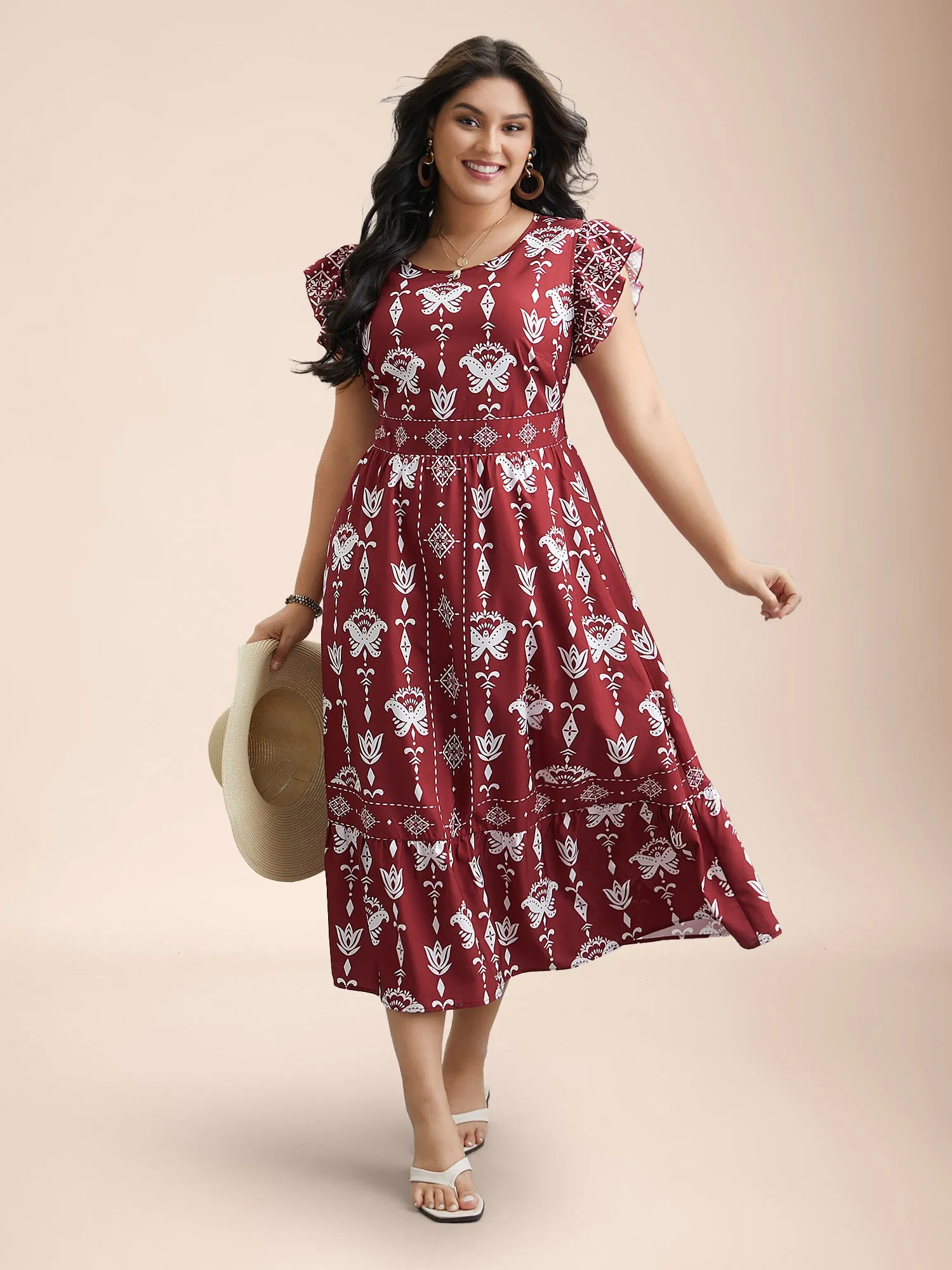 Boho Print Stretchy-Waist Ruffled Midi Dress sold by Bloomchic product image thumbnail 2