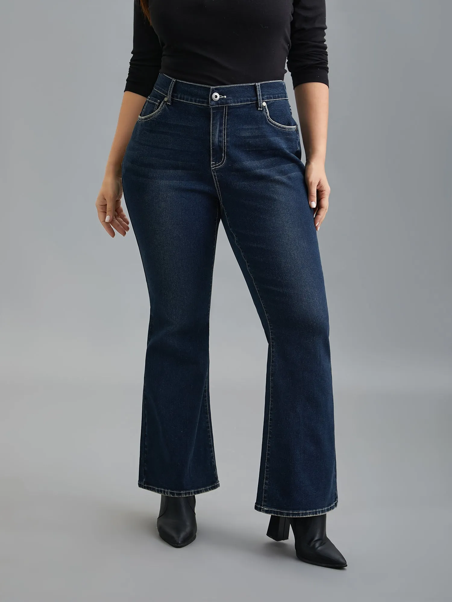 Whiskered Stretchy Waist Bootcut Jeans sold by Bloomchic