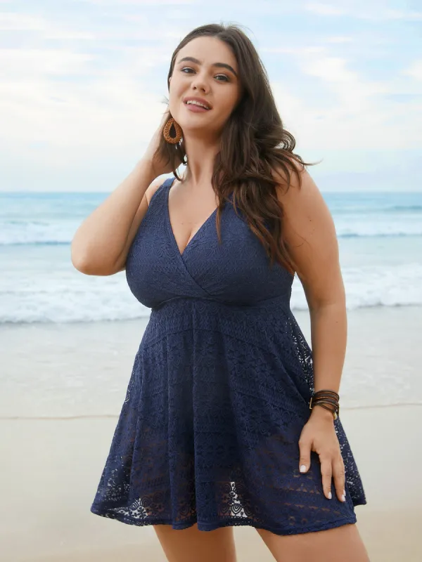 Lace Wrap-Neck Adjustable Straps Swim Dress sold by Bloomchic