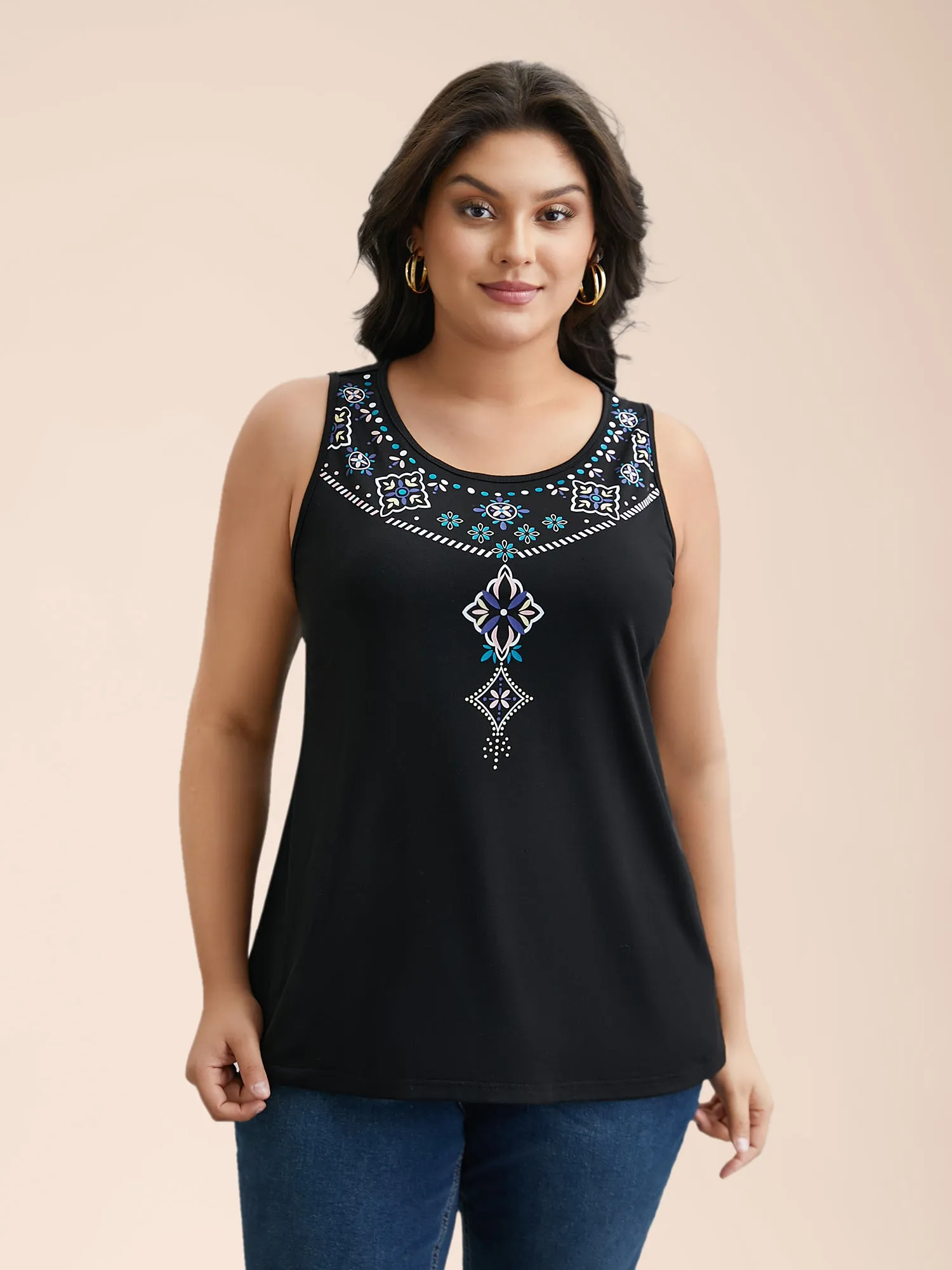 Boho Print Stretchy Round Neck Vest sold by Bloomchic