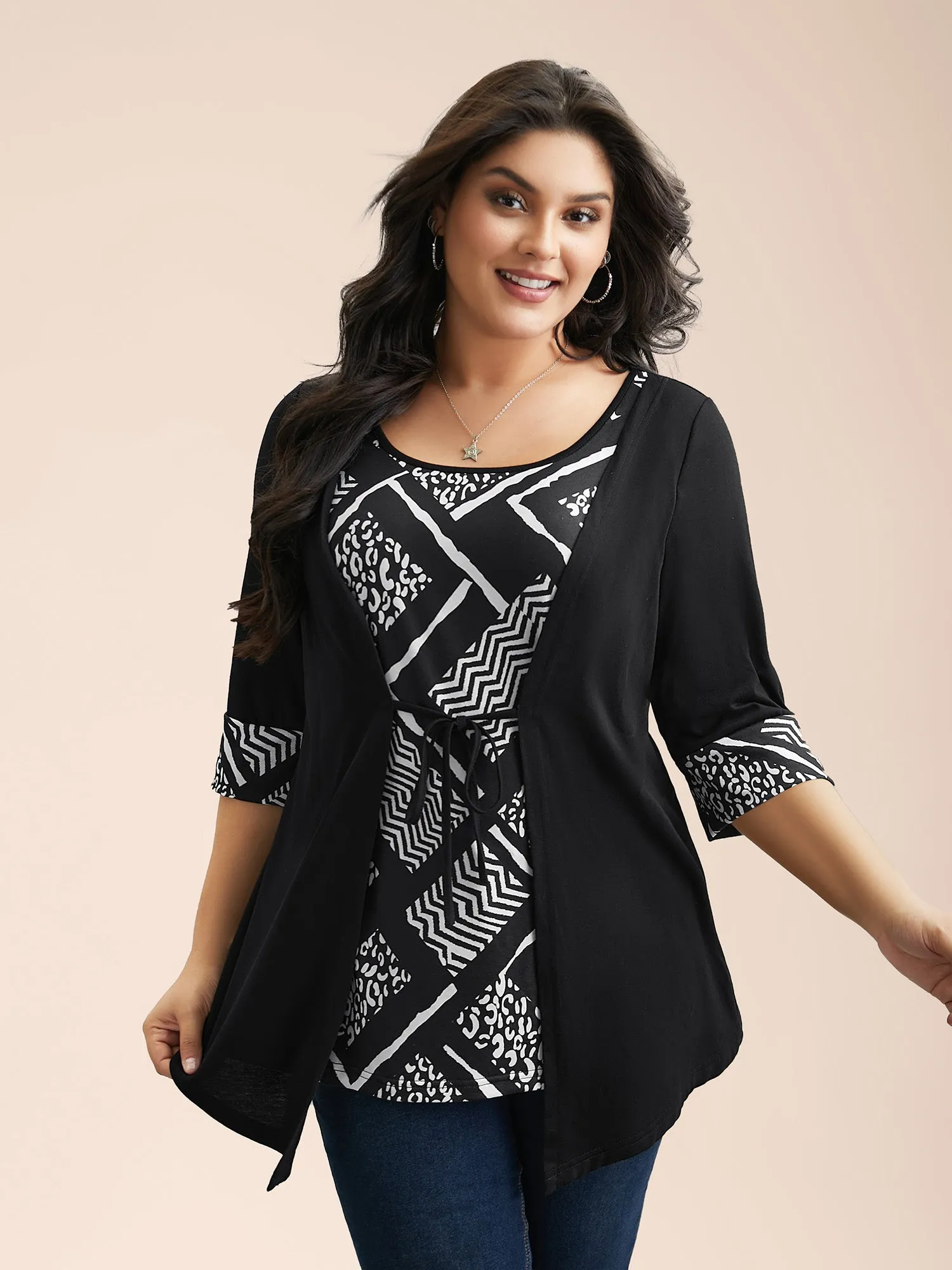 2-in-1 Geometric Print Patchwork Stretchy Top sold by Bloomchic