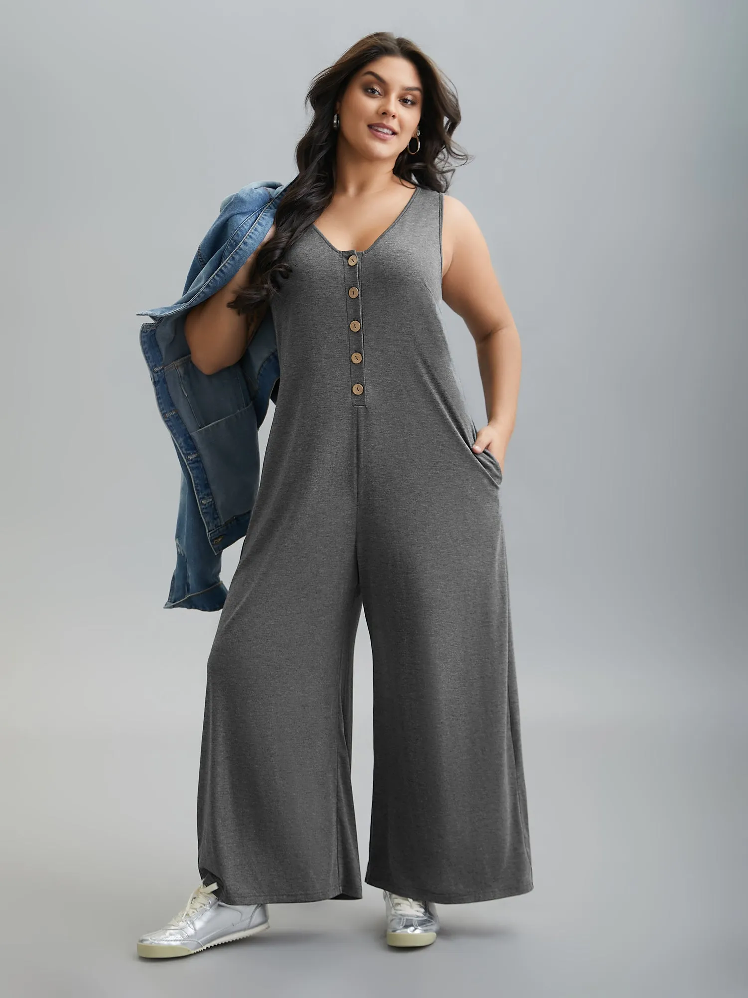 Button-Front Lightweight Wide-Leg Jumpsuit sold by Bloomchic