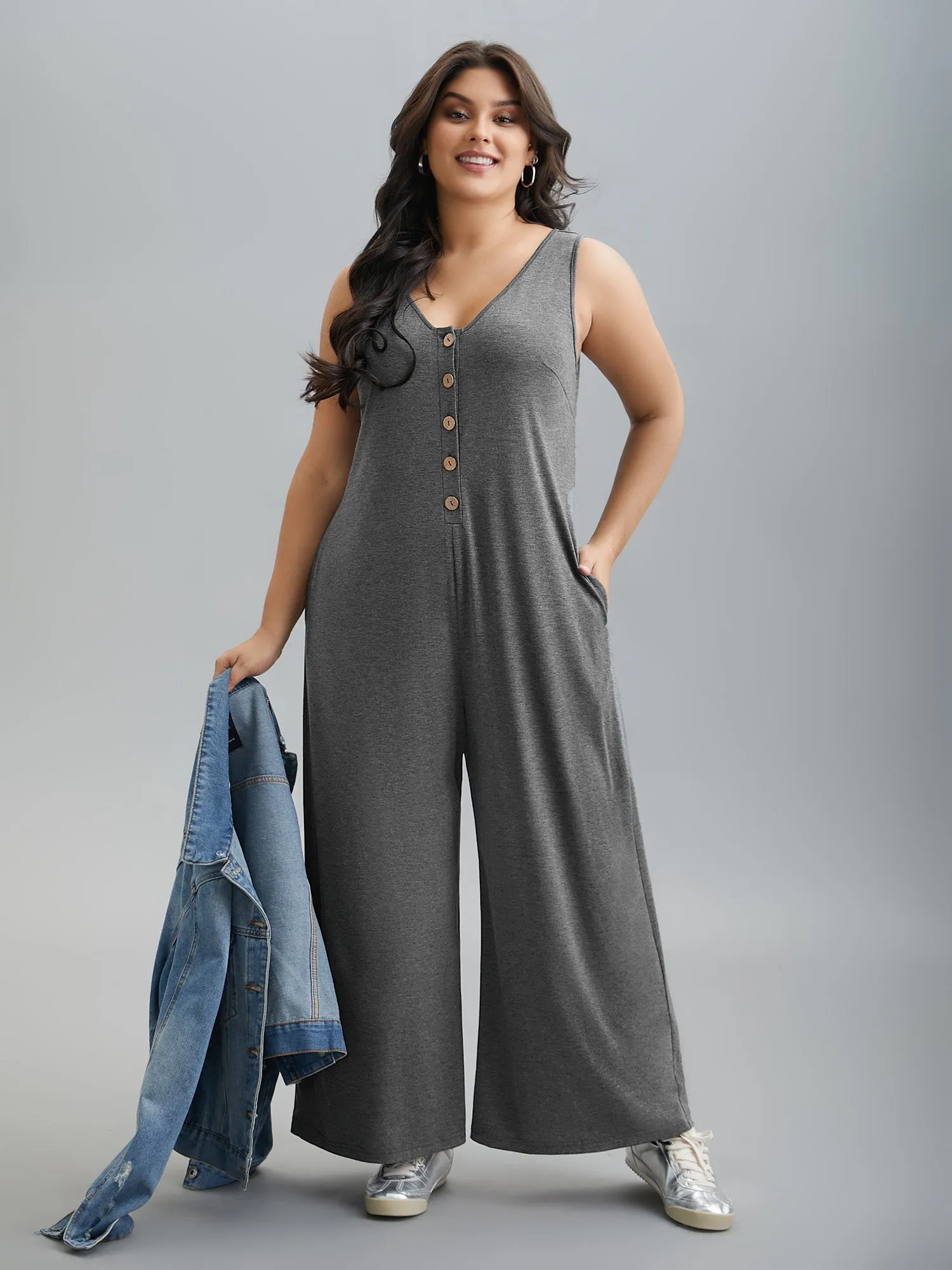 Button-Front Lightweight Wide-Leg Jumpsuit sold by Bloomchic product image thumbnail 2