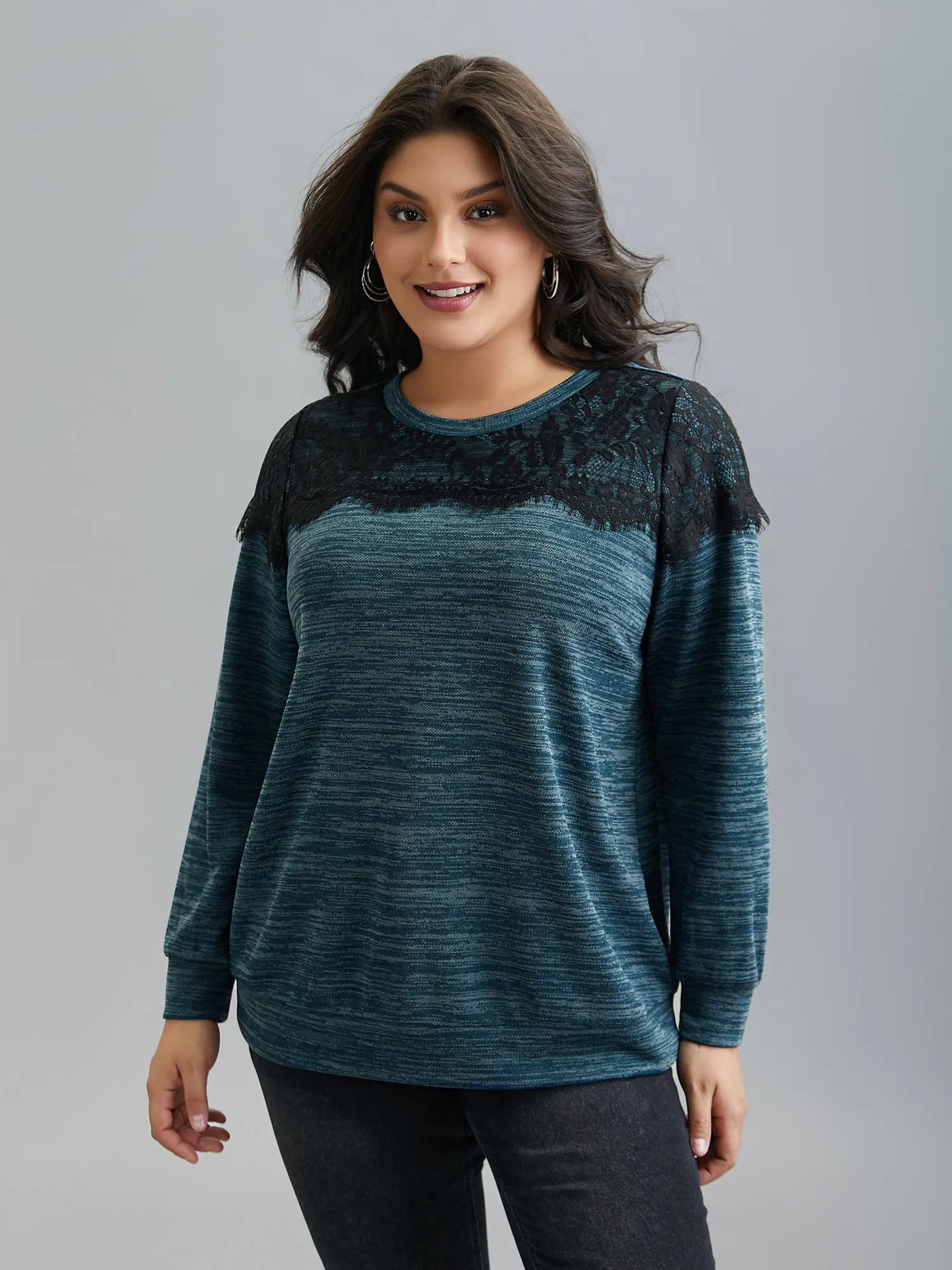 Lace Patchwork Color Contrast Sweatshirt sold by Bloomchic