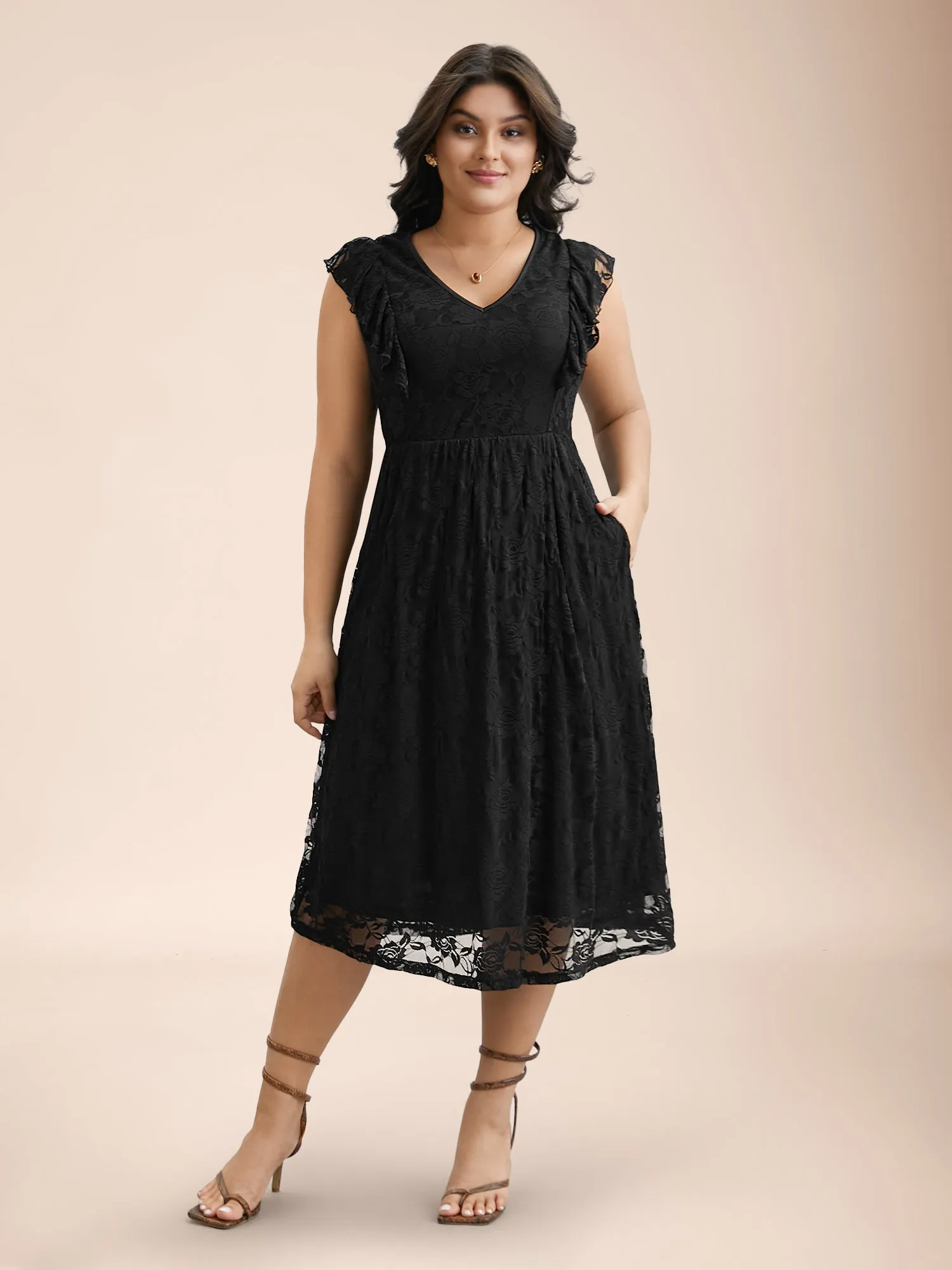 Lace Ruffled Sleeve Waist-Cinched Midi Dress sold by Bloomchic product image thumbnail 2