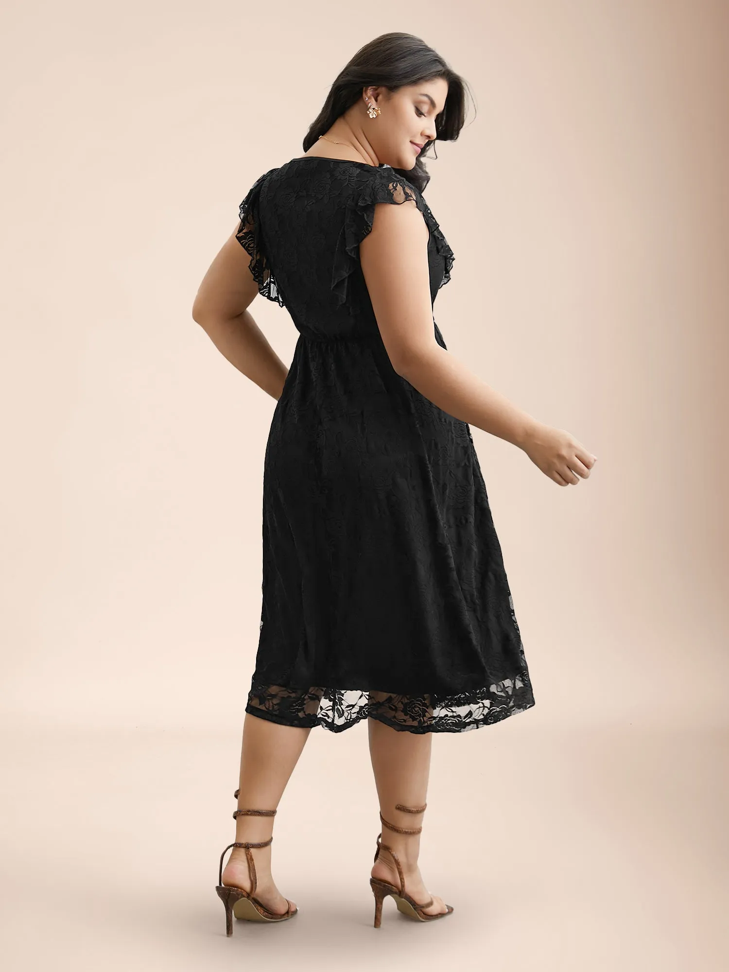 Lace Ruffled Sleeve Waist-Cinched Midi Dress sold by Bloomchic product image thumbnail 5